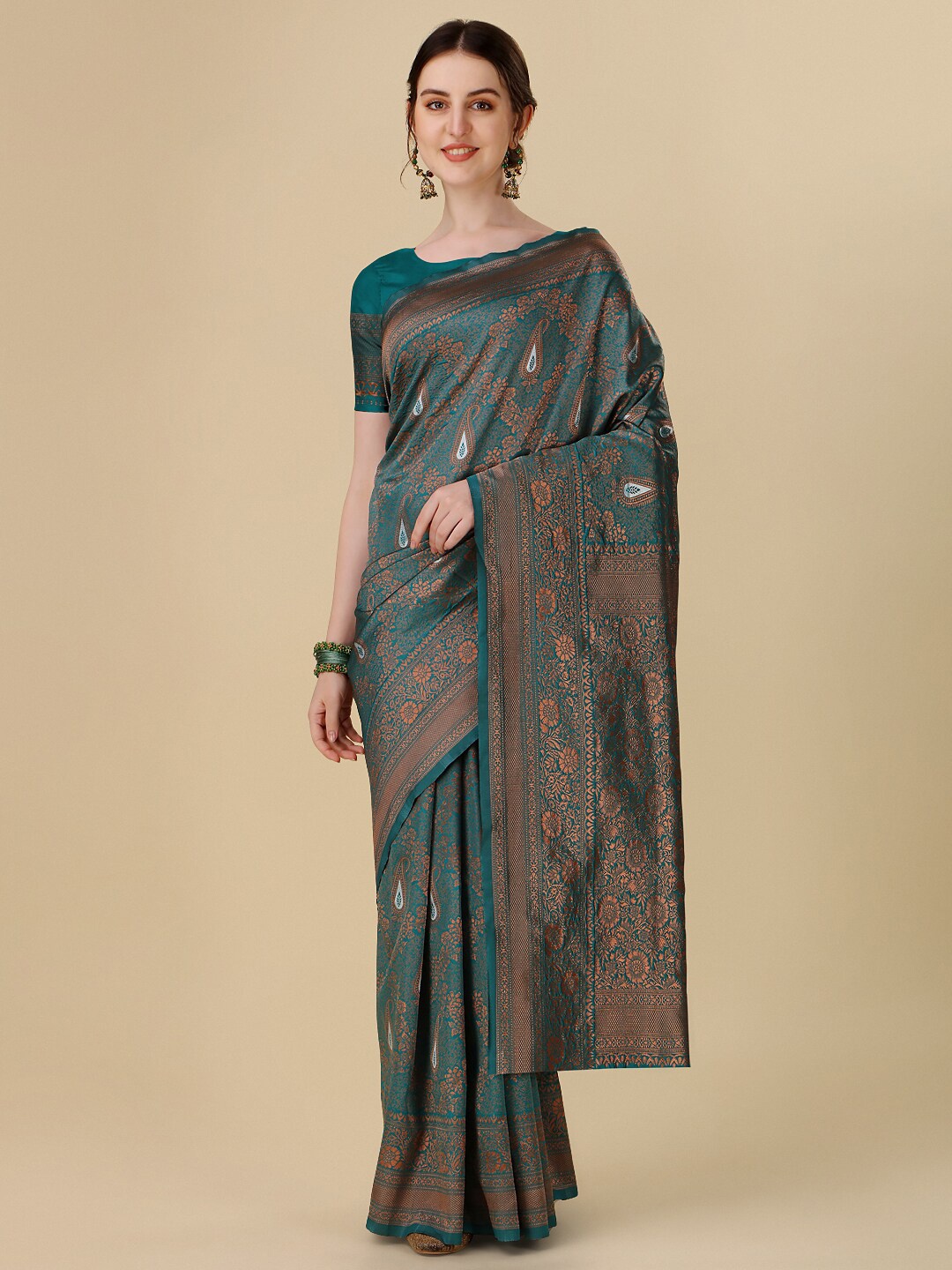 

Dhyey Fashion Ethnic Motifs Woven Design Art Silk Banarasi Saree, Turquoise blue