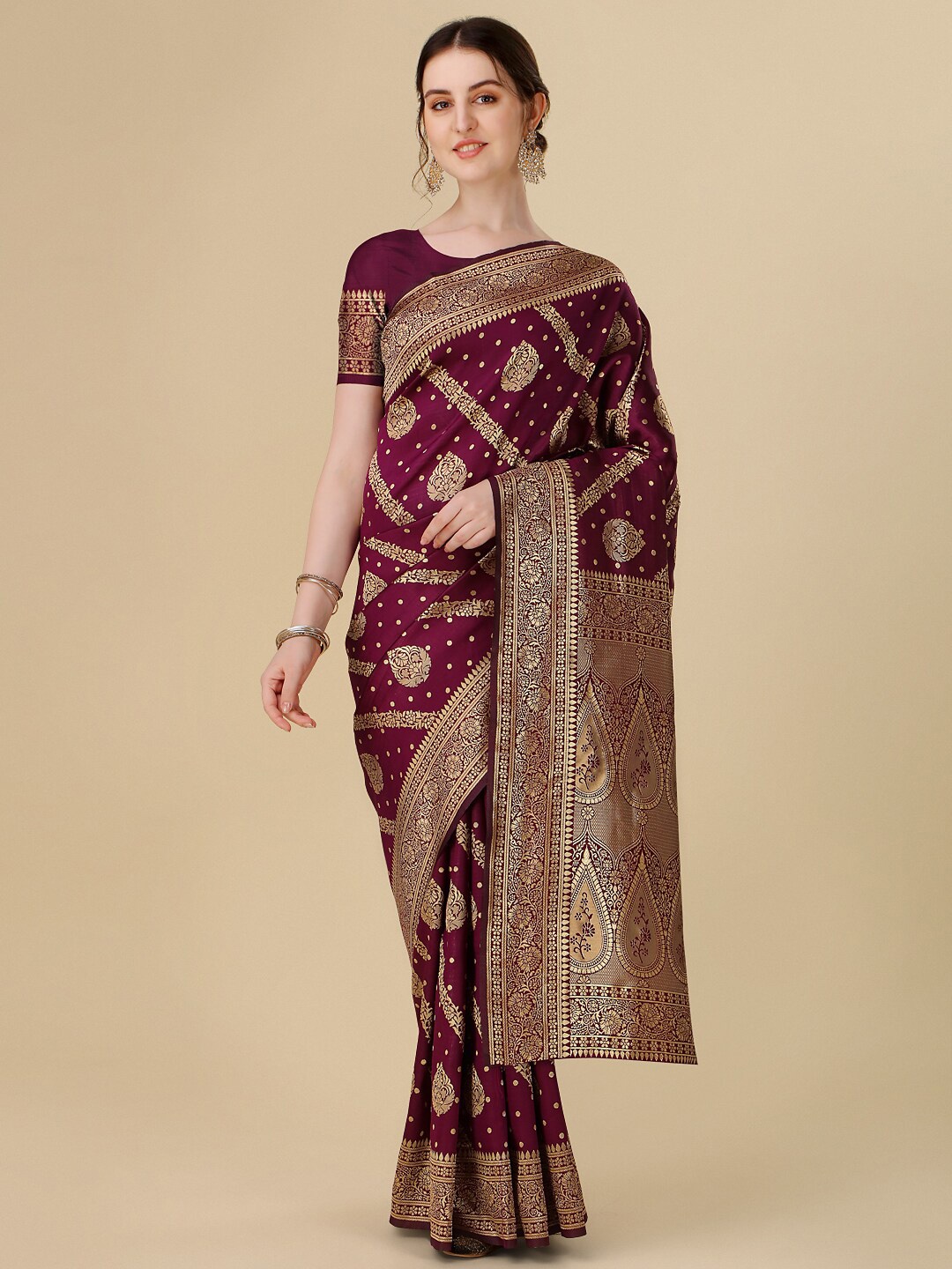 

Dhyey Fashion Ethnic Motifs Woven Design Zari Art Silk Banarasi Saree, Burgundy