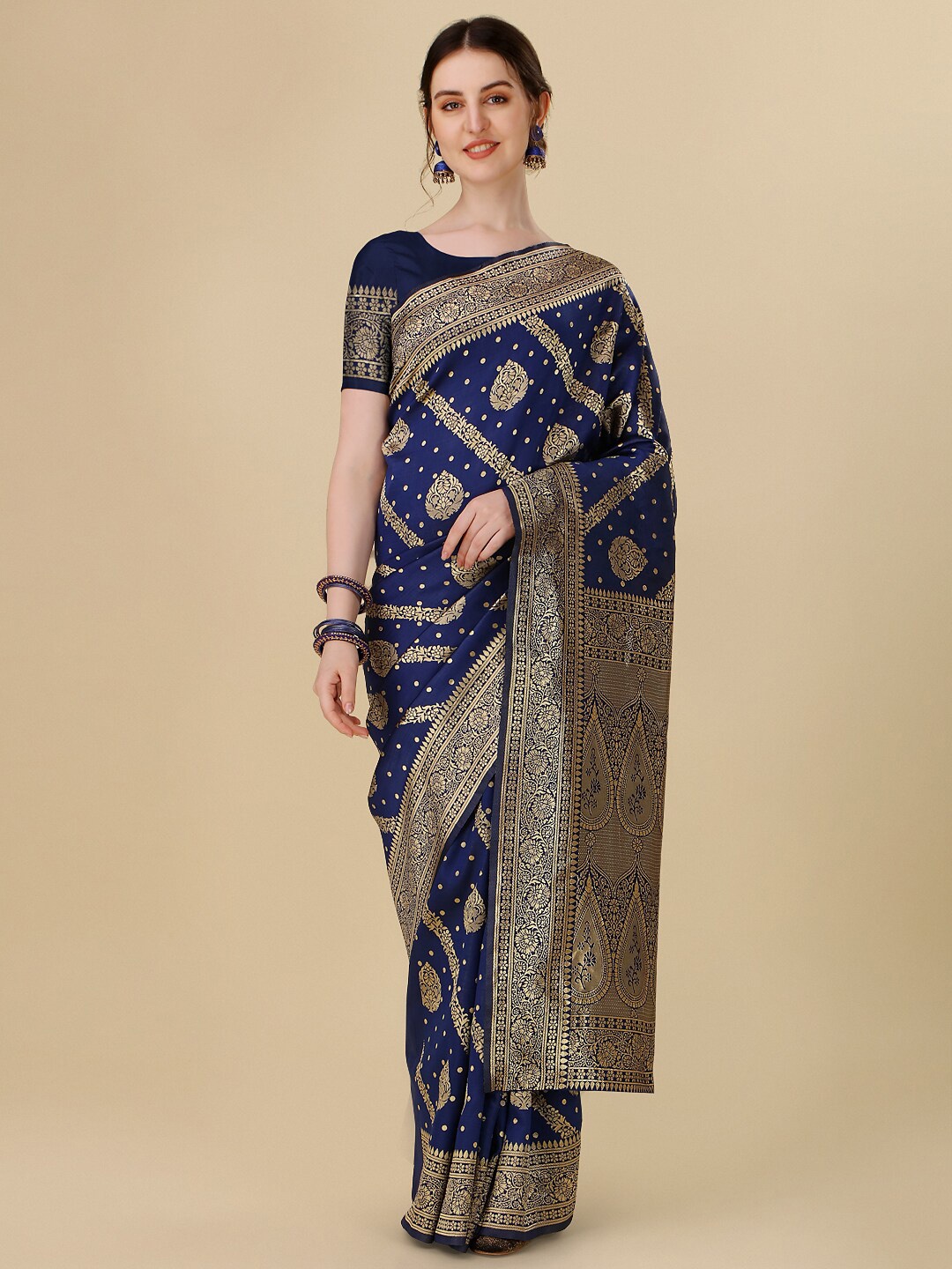 

Dhyey Fashion Ethnic Motifs Woven Design Zari Art Silk Banarasi Saree, Navy blue