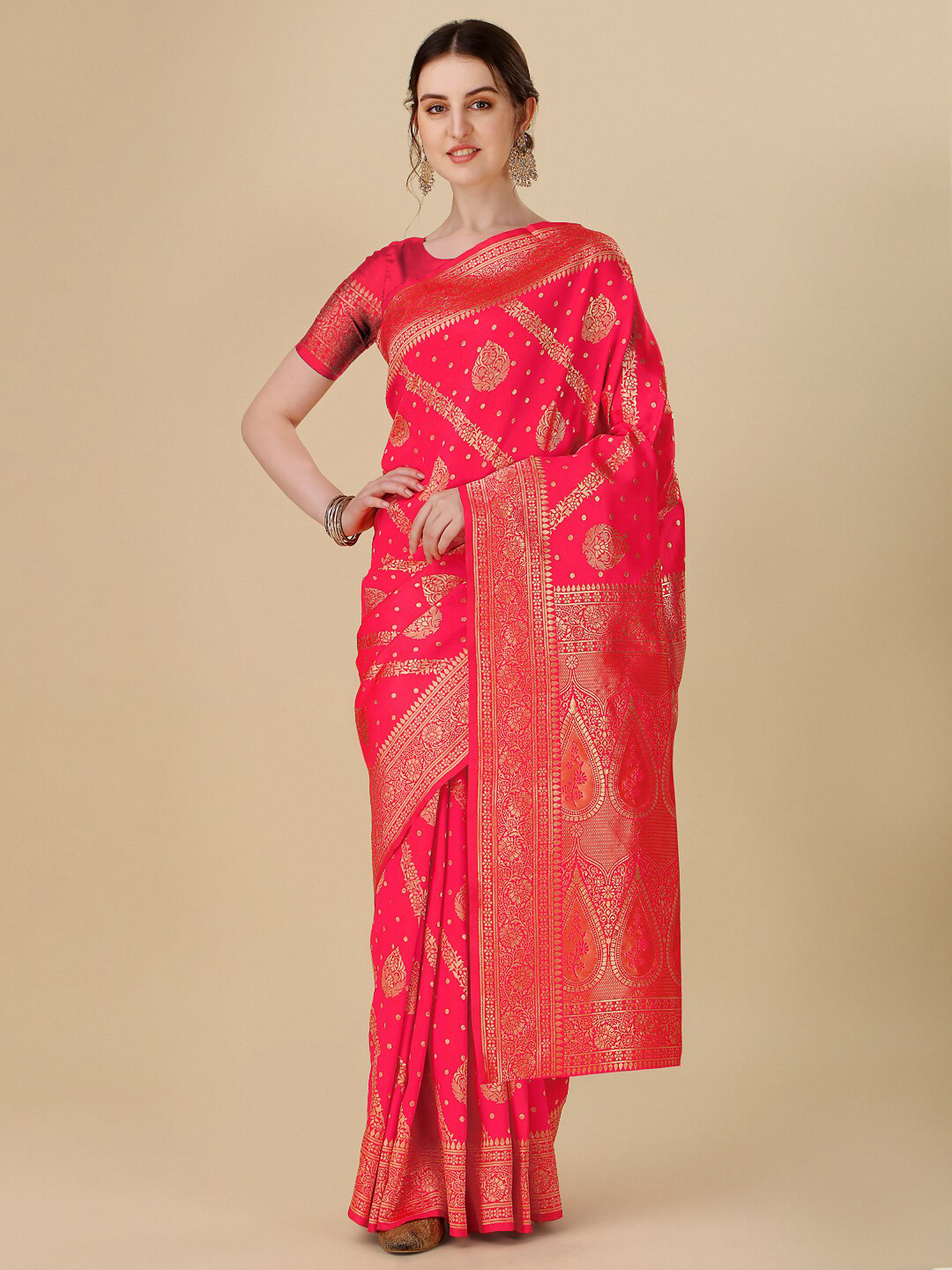 

Dhyey Fashion Ethnic Motifs Woven Design Zari Art Silk Banarasi Saree, Pink