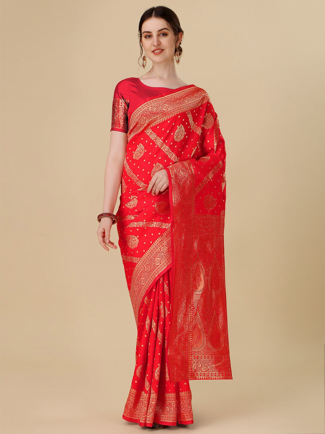

Dhyey Fashion Ethnic Motifs Woven Design Zari Art Silk Banarasi Saree, Red