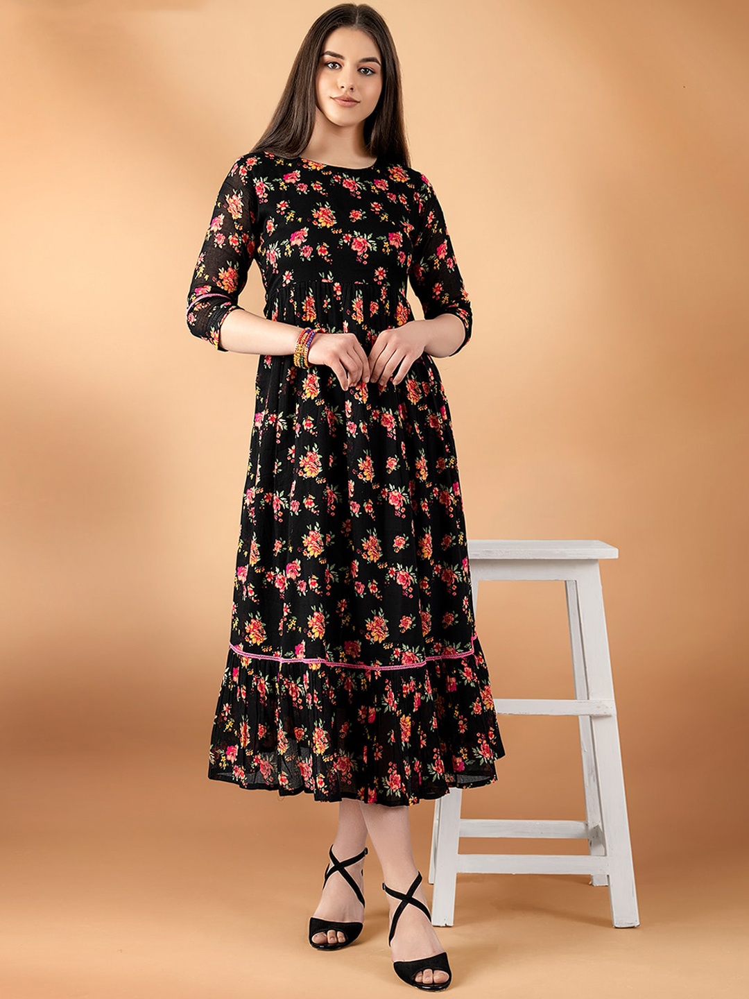 

ODETTE Floral Printed Pure Cotton A-Line Kurta, Black