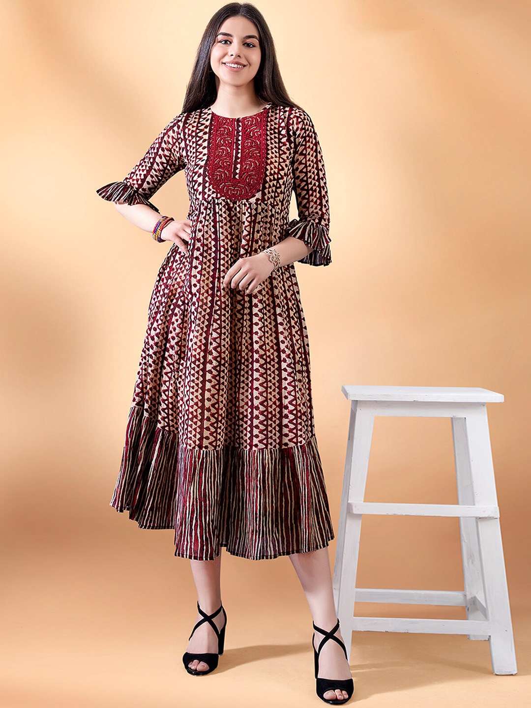 

ODETTE Geometric Printed Bell Sleeves Thread Work Pure Cotton A-Line Kurta, Maroon