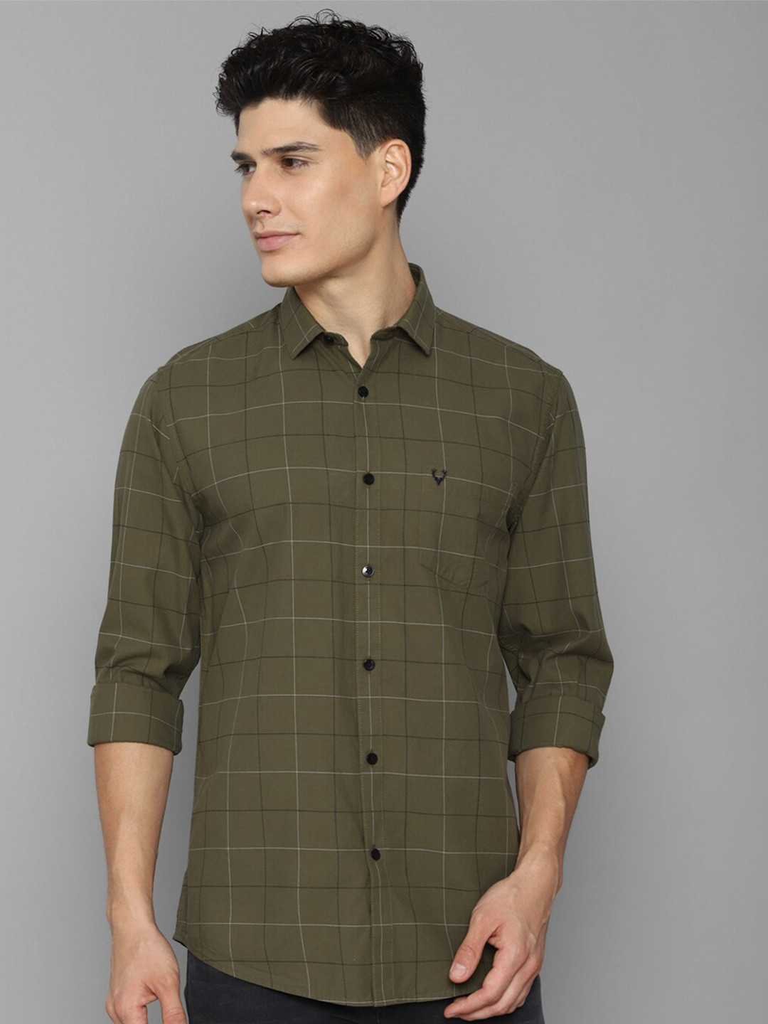 

Allen Solly Slim Fit Windowpane Checks Pure Cotton Casual Shirt, Olive