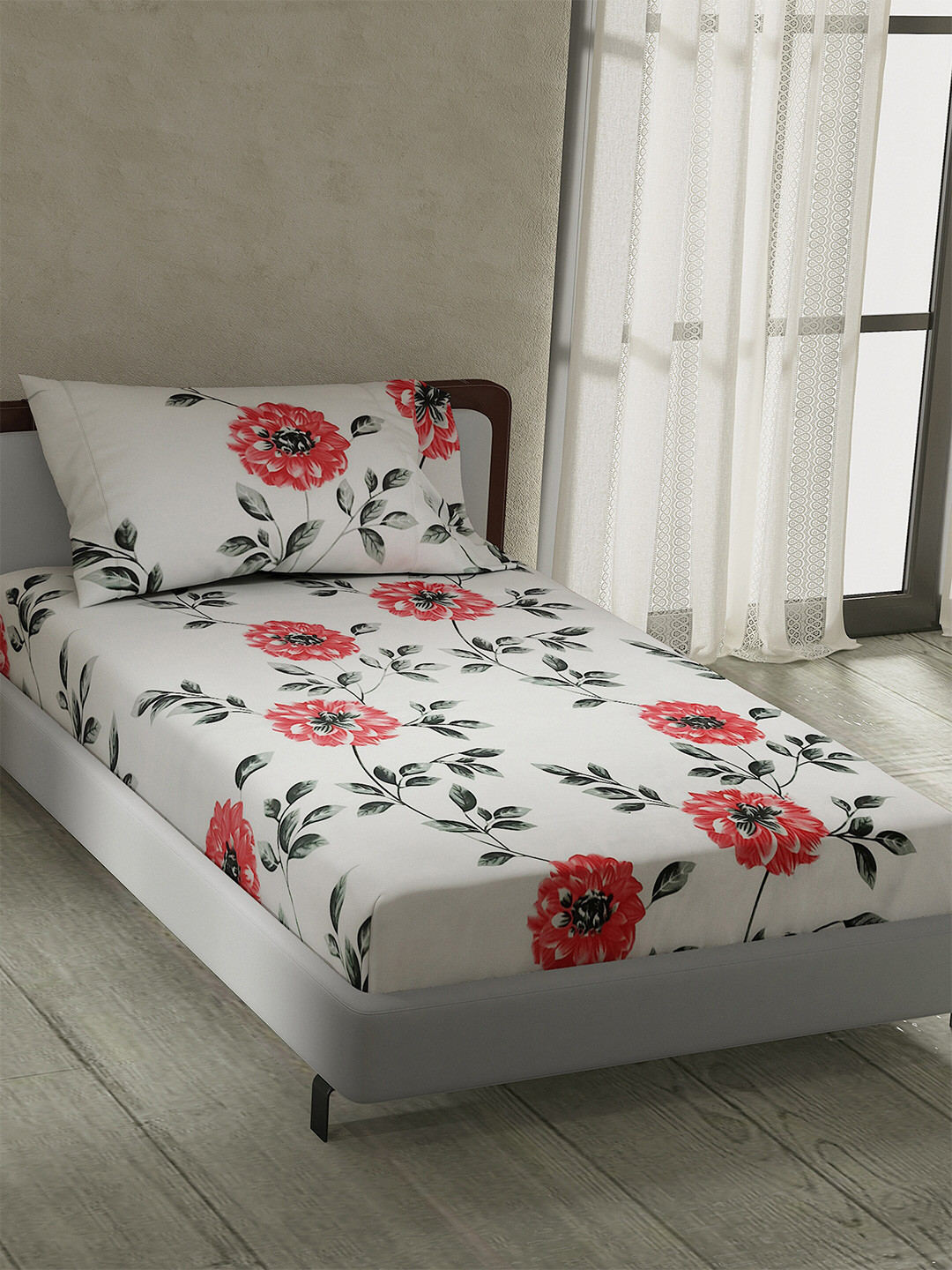 

LABHAM Elite Home Linen Grey & Red Printed 180 TC Cotton Single Bedsheet & 1 Pillow Cover