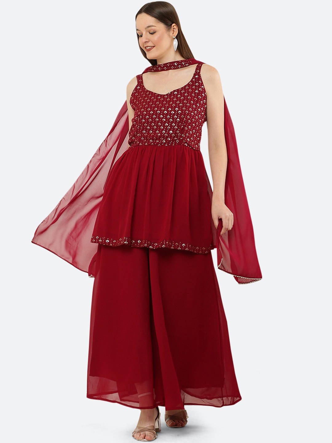 

Ashnaina Embroidered Sequined Georgette Kurti with Sharara & Dupatta, Maroon