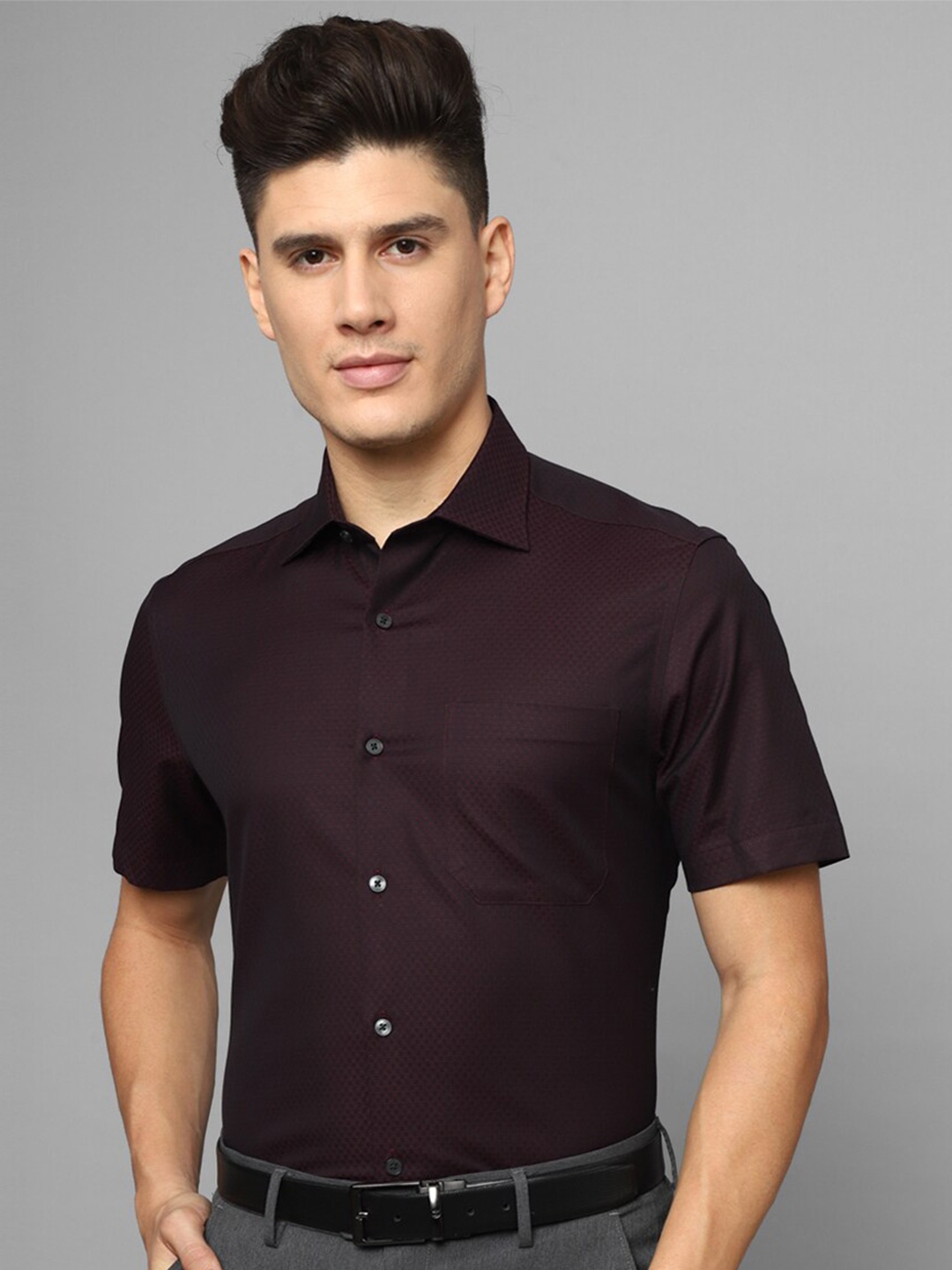 

Louis Philippe Self Design Spread Collar Pure Cotton Slim Fit Formal Shirt, Brown