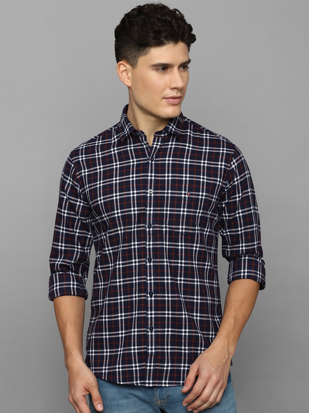 

Louis Philippe Sport Tartan Checked Spread Collar Slim Fit Cotton Casual Shirt, Navy blue