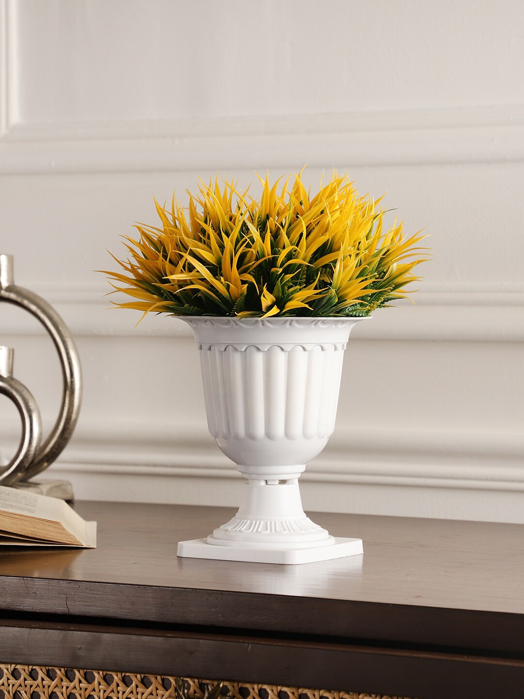 

FOLIYAJ Yellow & White Artificial Plant With Long Leaves In A Pedestal Pot