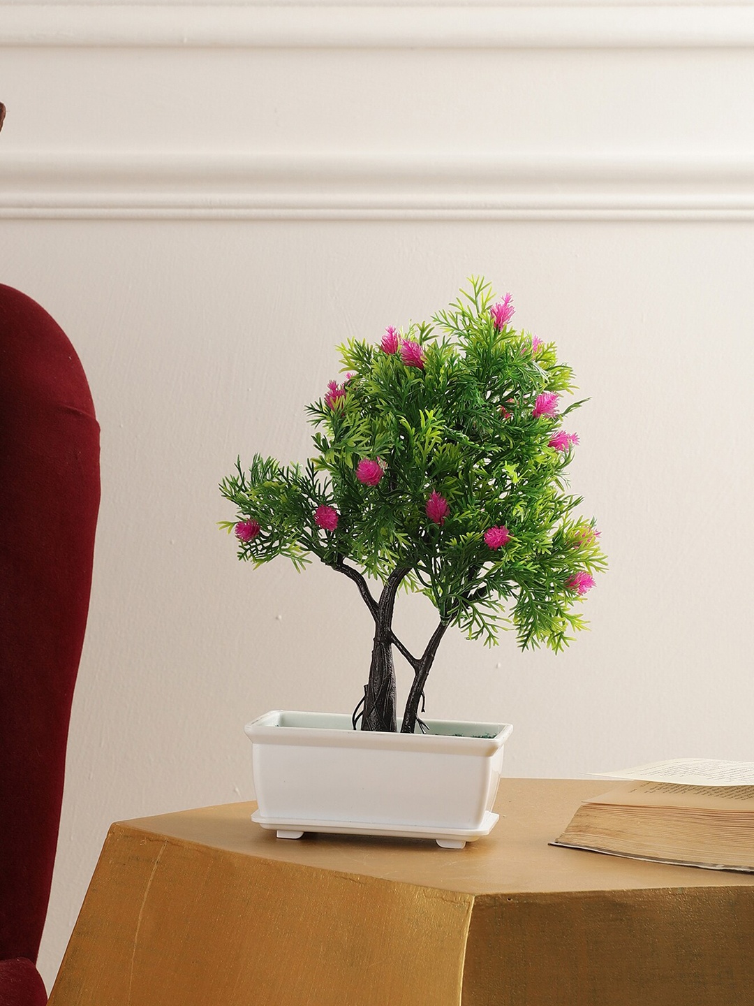

FOLIYAJ Green & White Bonsai Tree Artificial Plants With Pot