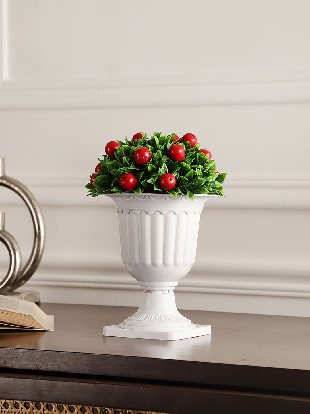 

FOLIYAJ Green & White Artificial Cherry Plant With pedestal Pot