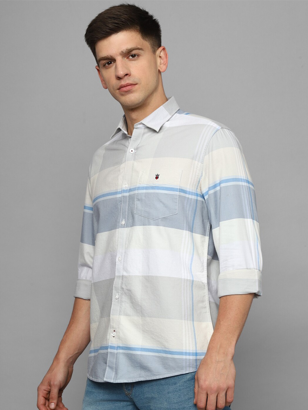 

Louis Philippe Sport Horizontal Striped Spread Collar Slim Fit Cotton Casual Shirt, Grey