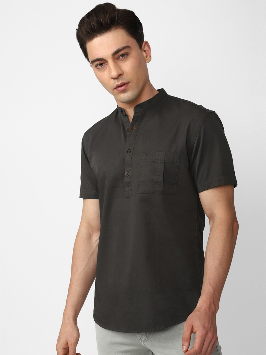 

Peter England Casuals Slim Fit Mandarin Collar Pure Cotton Casual Shirt, Grey