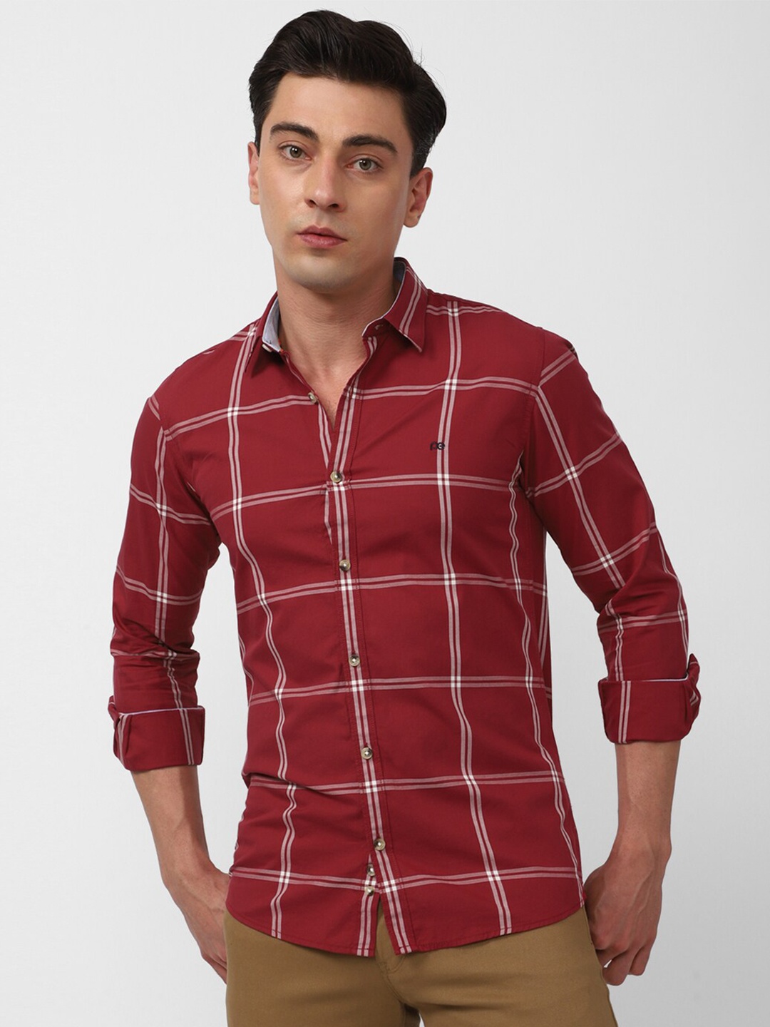 

Peter England Casuals Slim Fit Windowpane Checked Pure Cotton Casual Shirt, Red