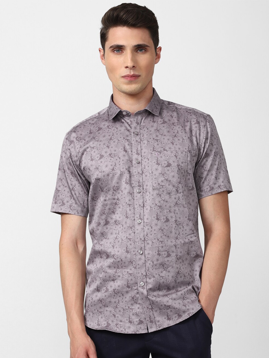 

V Dot Printed Spread Collar Slim Fit Pure Cotton Casual Shirt, Grey