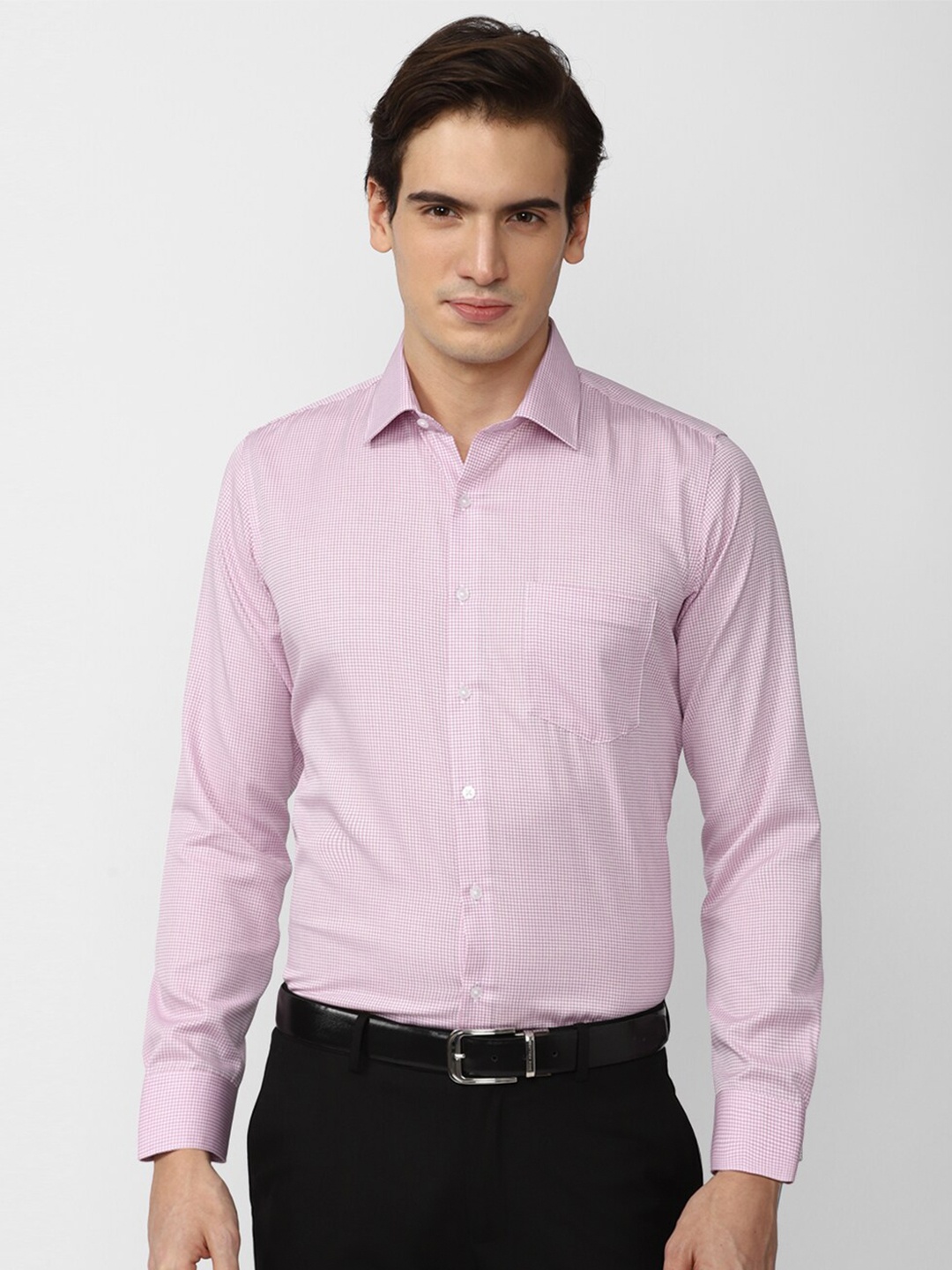 

Van Heusen Durapress Checked Micro Checks Spread Collar Slim Fit Opaque Pure Cotton Wrinkle Resistant & Easy Care Formal Shirt, Pink