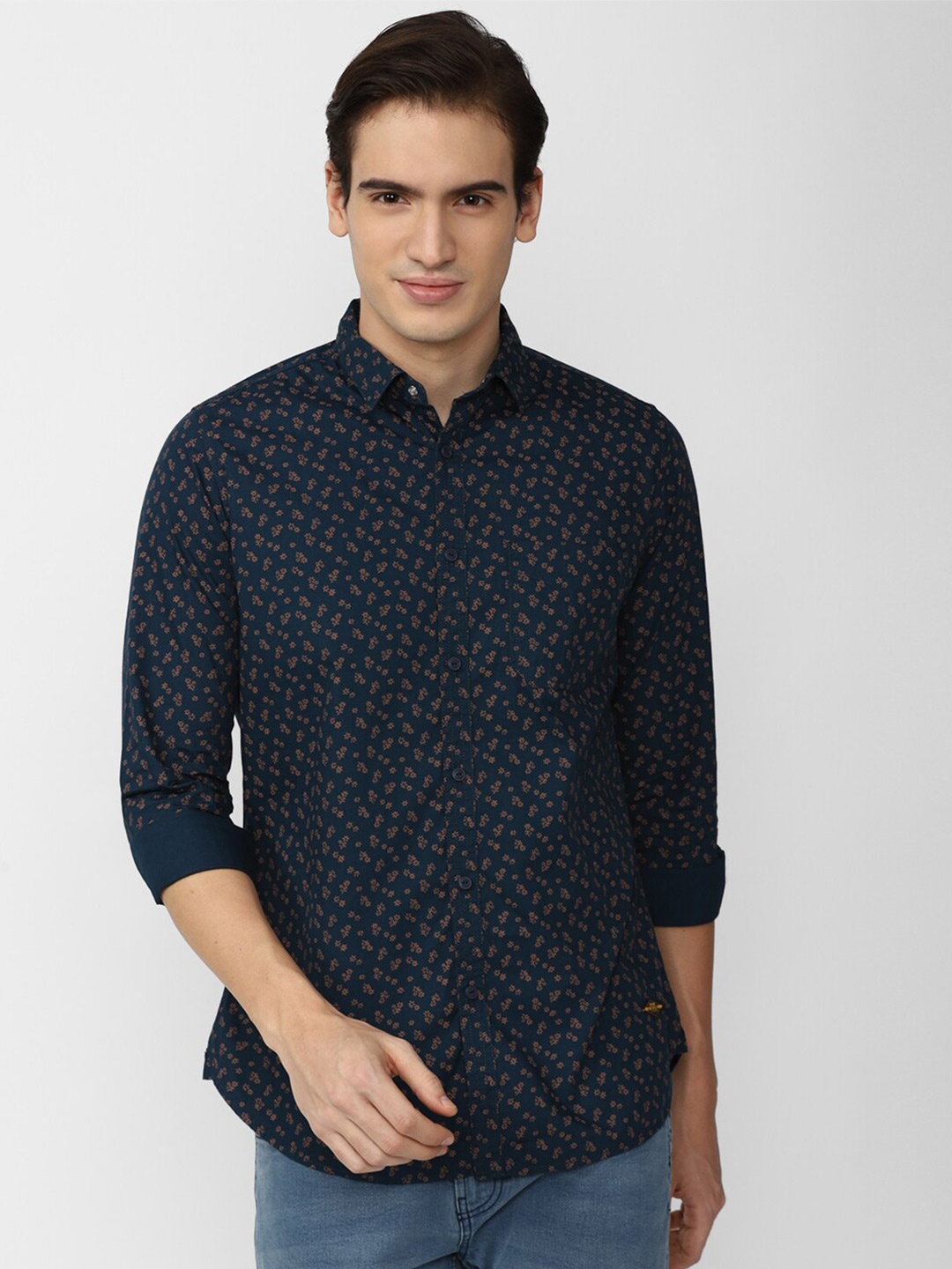 

VAN HEUSEN DENIM LABS Floral Printed Spread Collar Pure Cotton Slim Fit Casual Shirt, Navy blue