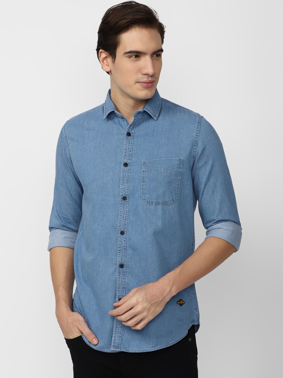 

VAN HEUSEN DENIM LABS Spread Collar Pure Cotton Slim Fit Casual Shirt, Blue
