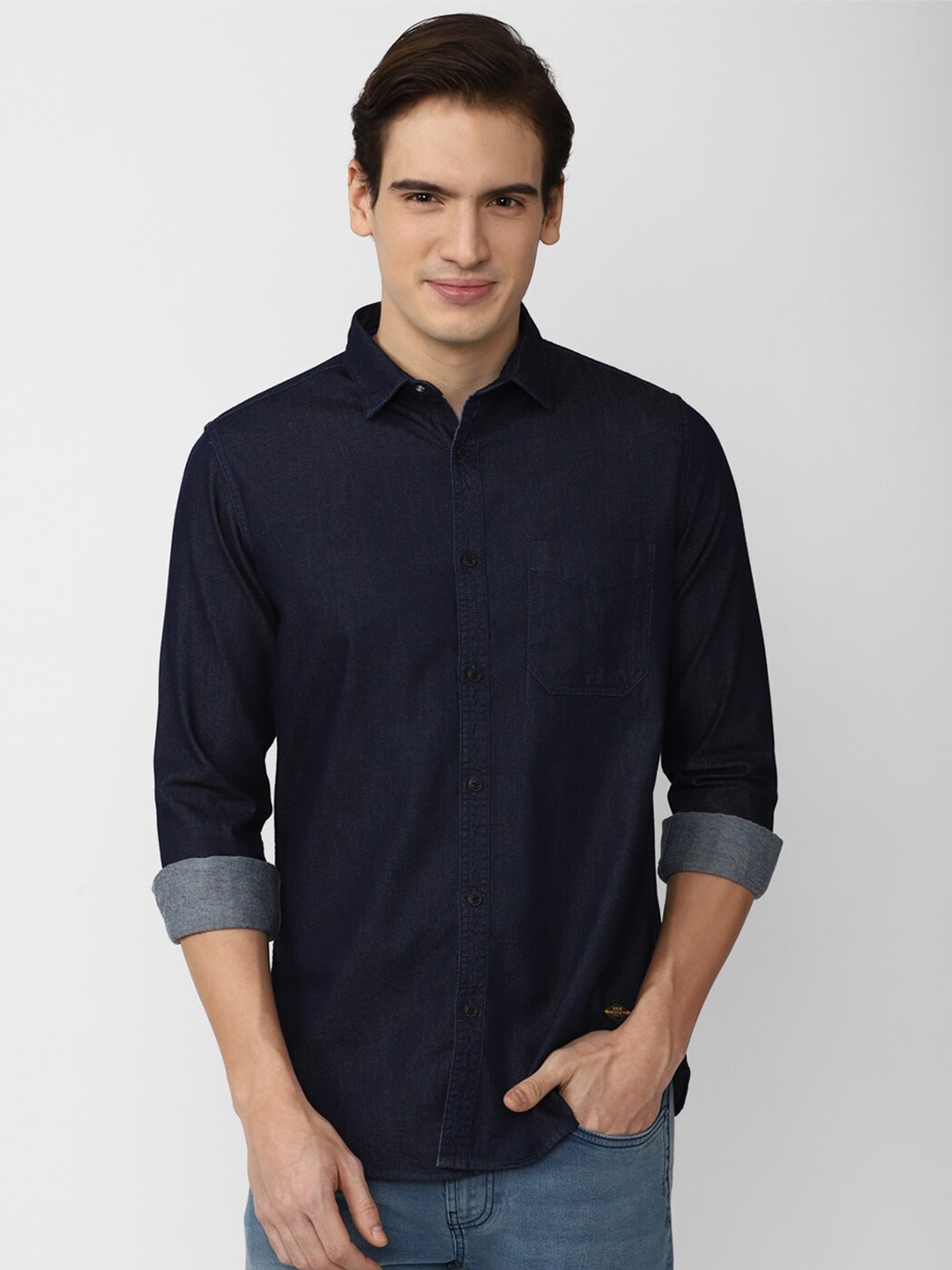 

VAN HEUSEN DENIM LABS Spread Collar Slim Fit Opaque Pure Cotton Denim Casual Shirt, Navy blue