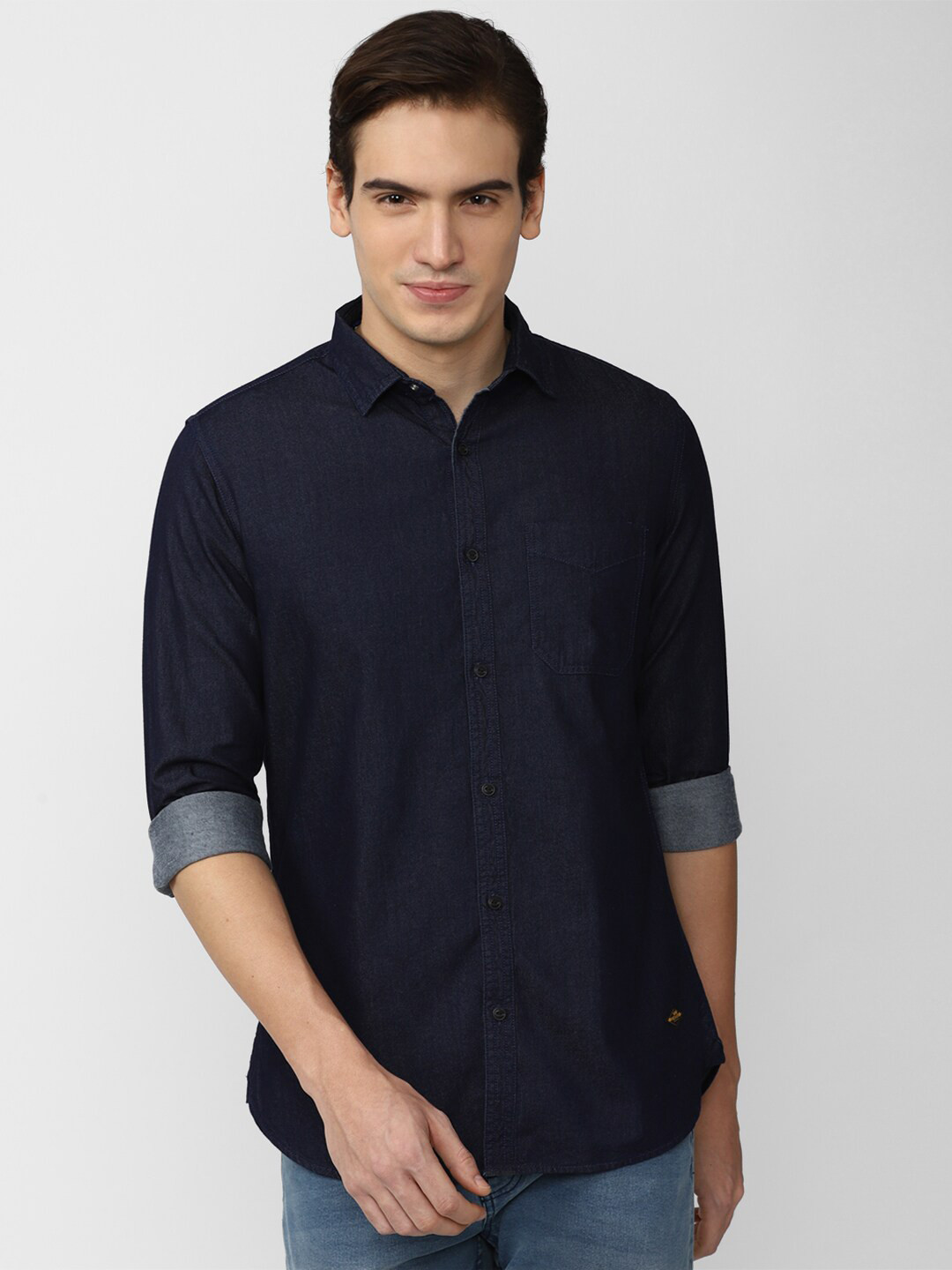 

VAN HEUSEN DENIM LABS Spread Collar Pure Cotton Slim Fit Casual Shirt, Navy blue