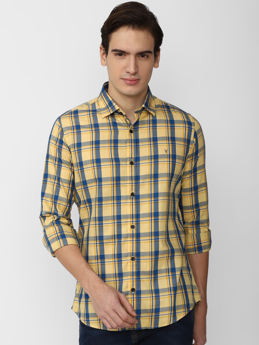 

Van Heusen Sport Checked Long Sleeves Slim Fit Pure Cotton Casual Shirt, Yellow