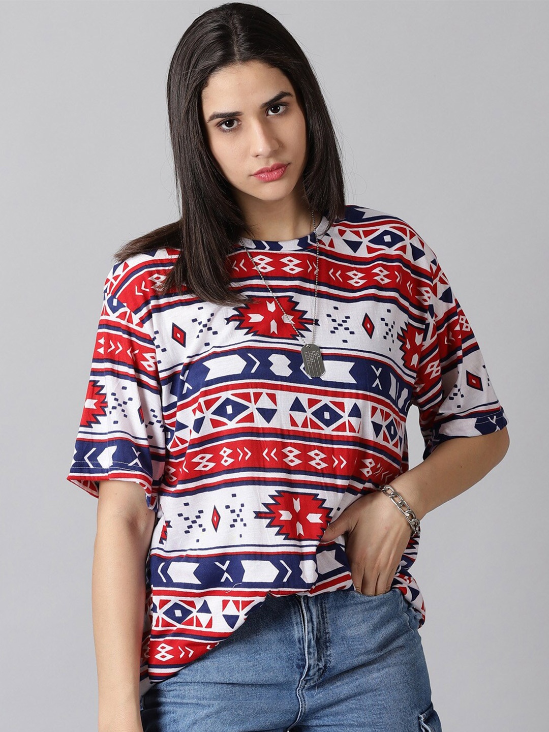 

Rodzen Aztec Printed Drop-Shoulder Pure Cotton Loose Fit T-shirt, White