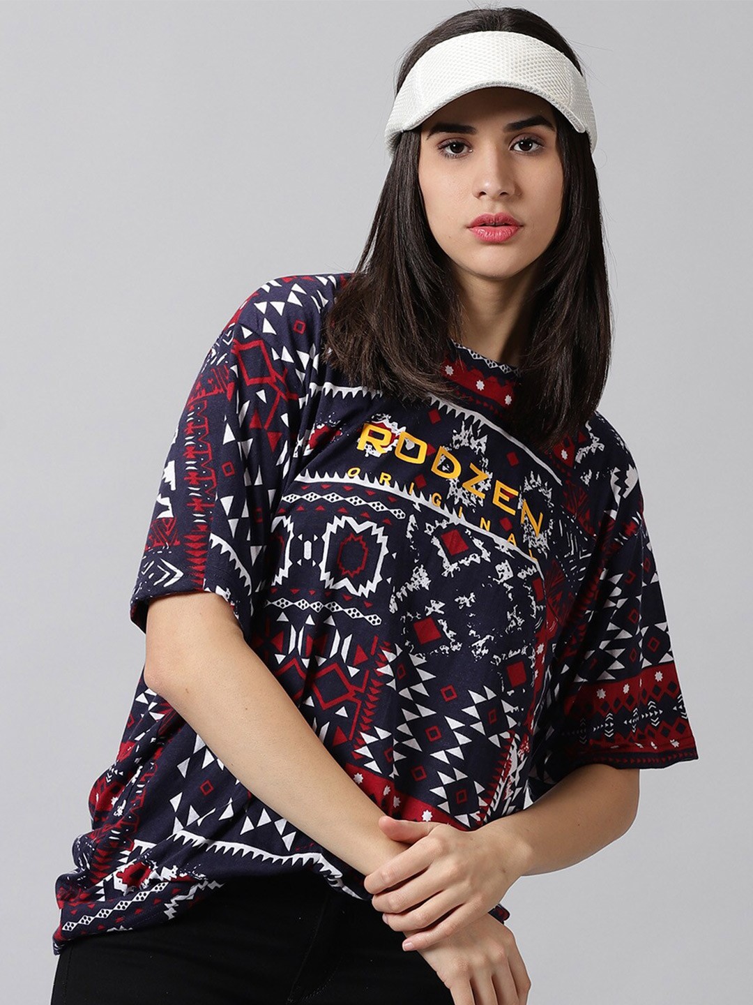 

Rodzen Aztec Printed Round Neck Loose Fit T-shirt, Navy blue