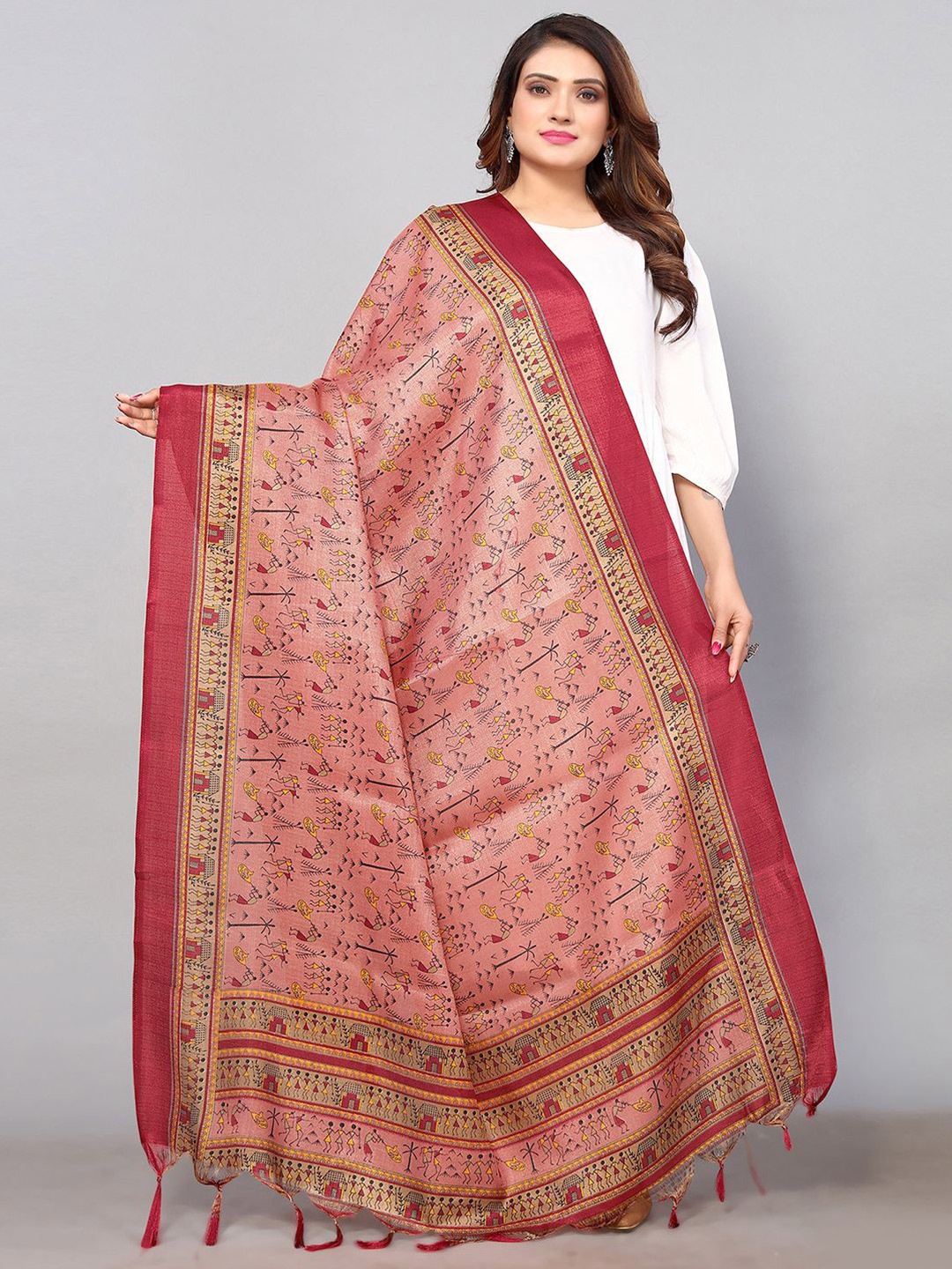 

Satrani Ethnic Motifs Printed Art Silk Dupatta, Pink