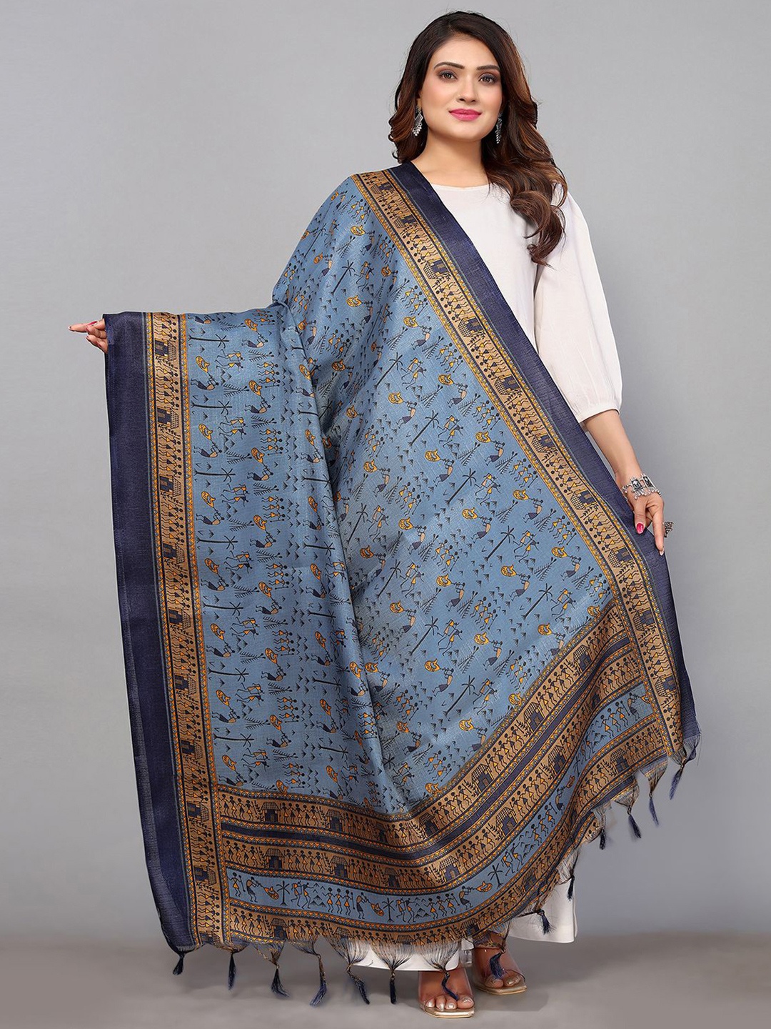 

Satrani Floral Printed Art Silk Dupatta, Navy blue
