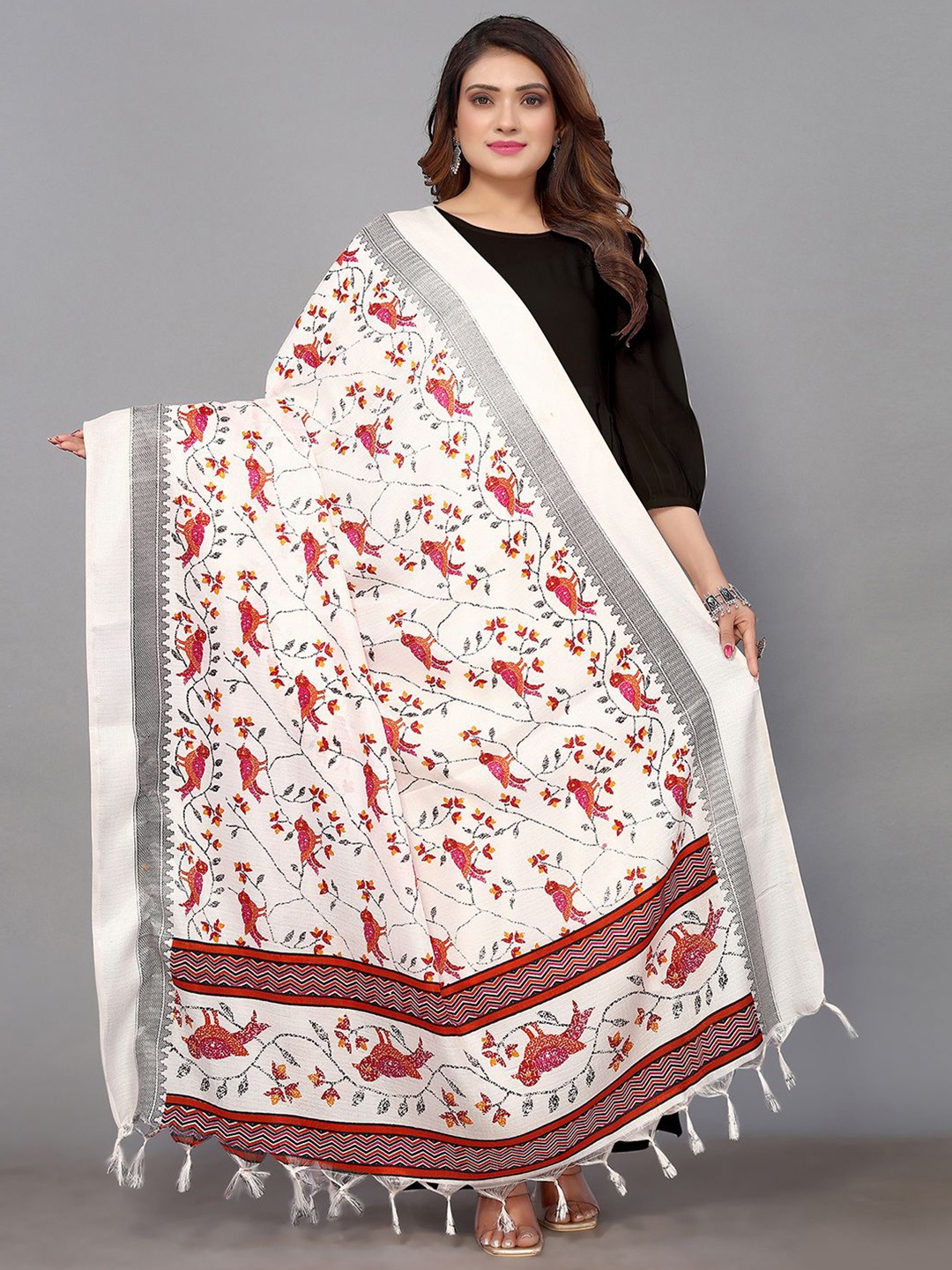 

Satrani Ethnic Motifs Printed Art Silk Dupatta, White