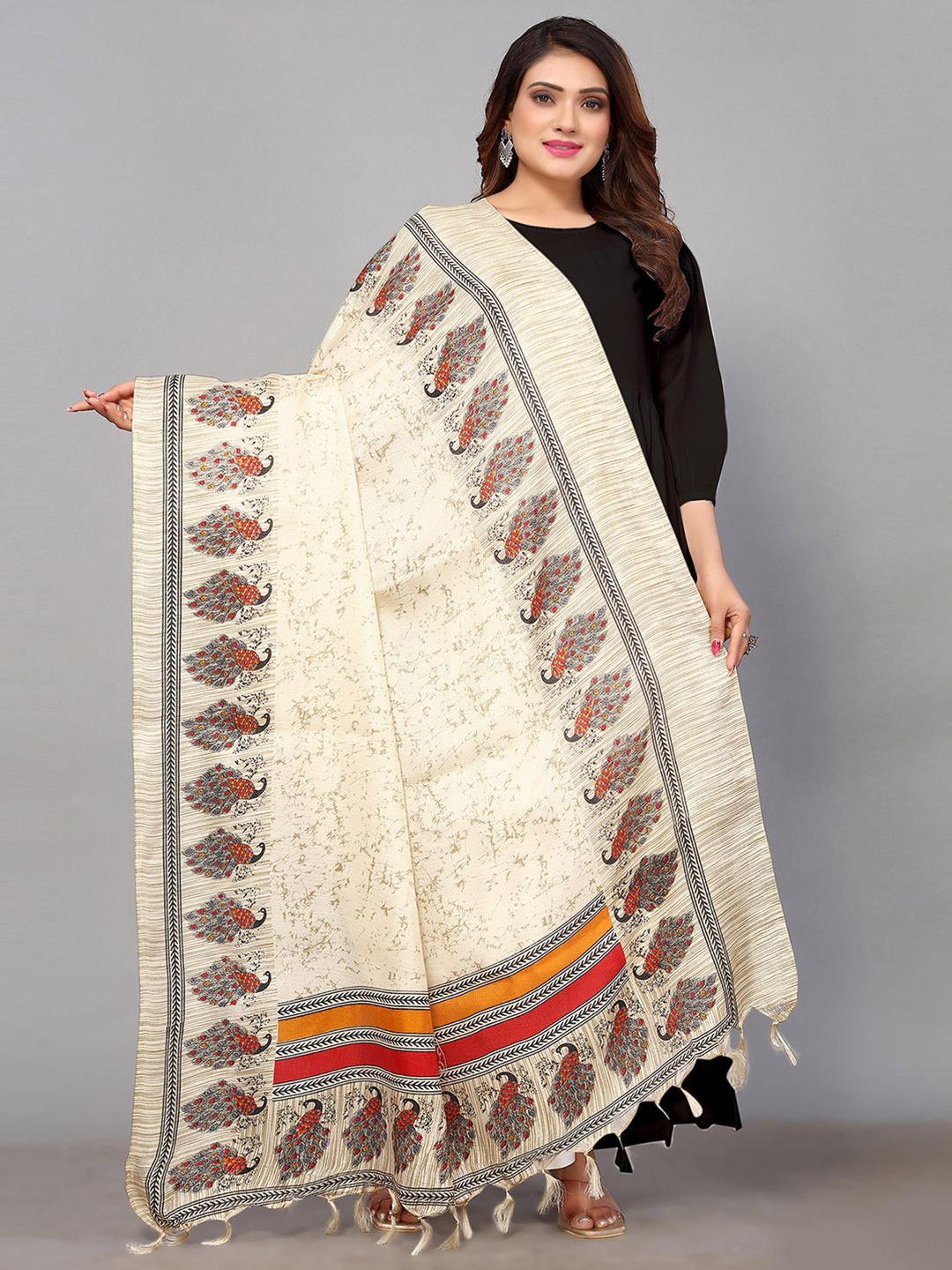 

Satrani Printed Art Silk Dupatta, Cream