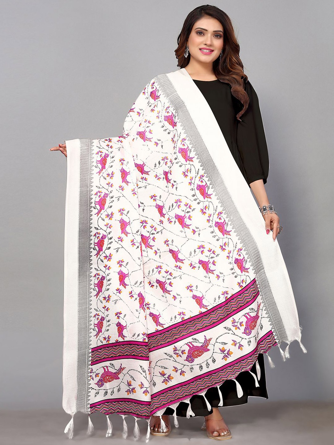 

Satrani Ethnic Motifs Printed Art Silk Dupatta, White