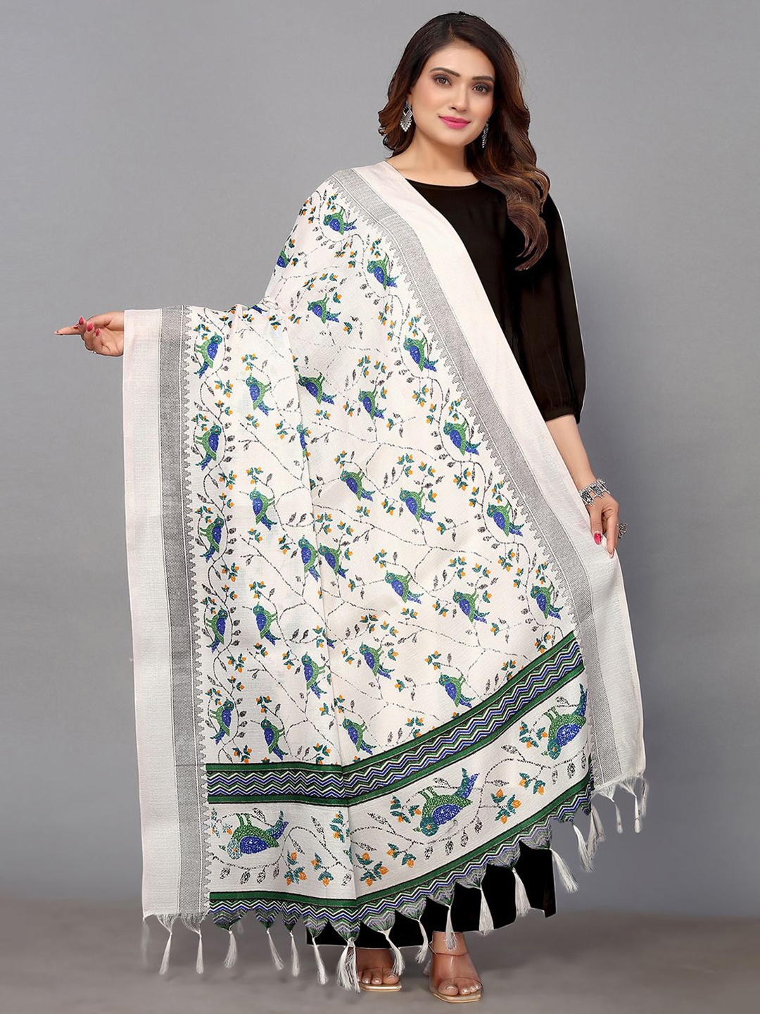 

Satrani Ethnic Motifs Printed Art Silk Dupatta, White