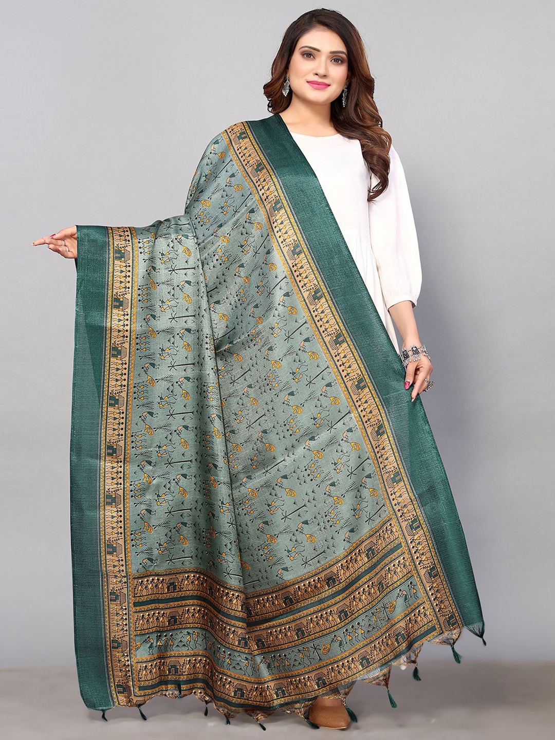 

Satrani Ethnic Motifs Printed Art Silk Dupatta, Green
