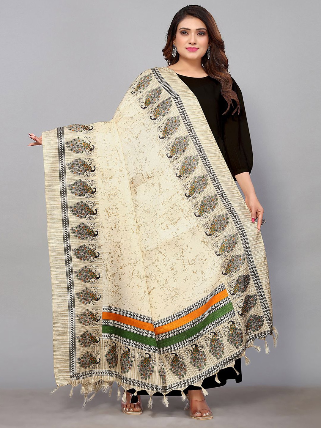 

Satrani Ethnic Motifs Printed Art Silk Dupatta, Beige