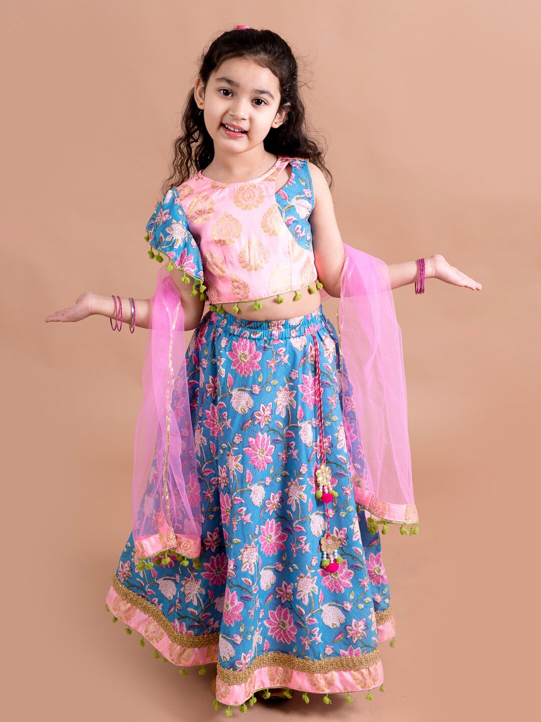 

pspeaches Girls Floral Printed Ready to Wear Lehenga & Blouse With Dupatta, Blue