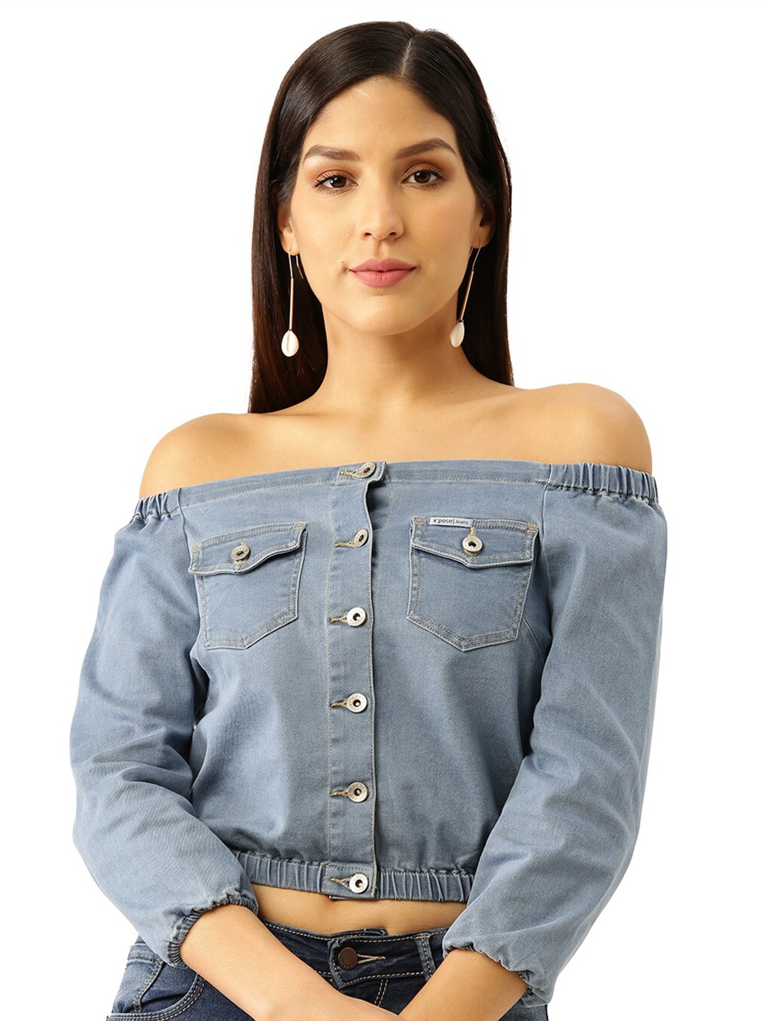 

Xpose Blue Off-Shoulder Pure Cotton Denim Bardot Crop Top