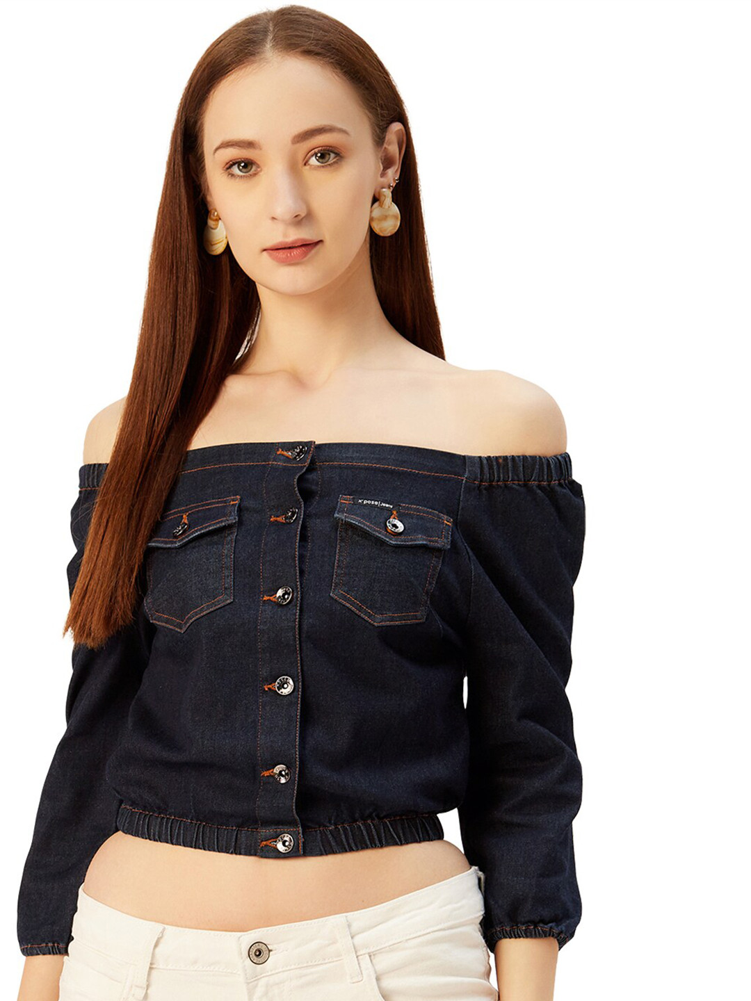 

Xpose Blue Off-Shoulder Cotton Denim Bardot Crop Top