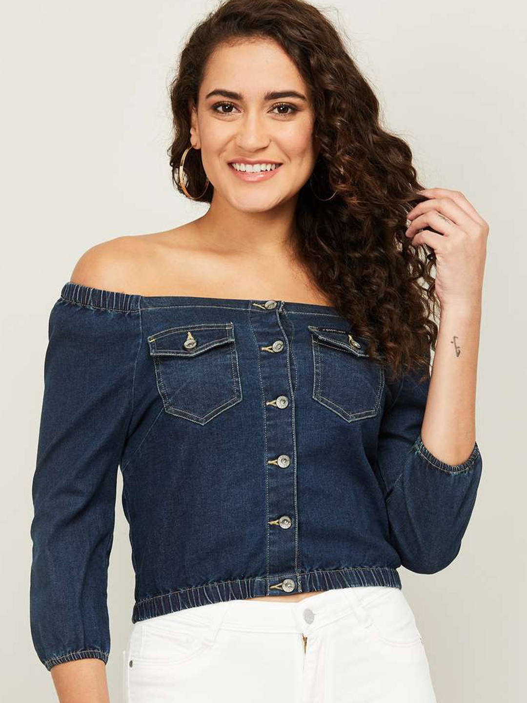 

Xpose Off-Shoulder Pure Cotton Denim Bardot Top, Navy blue