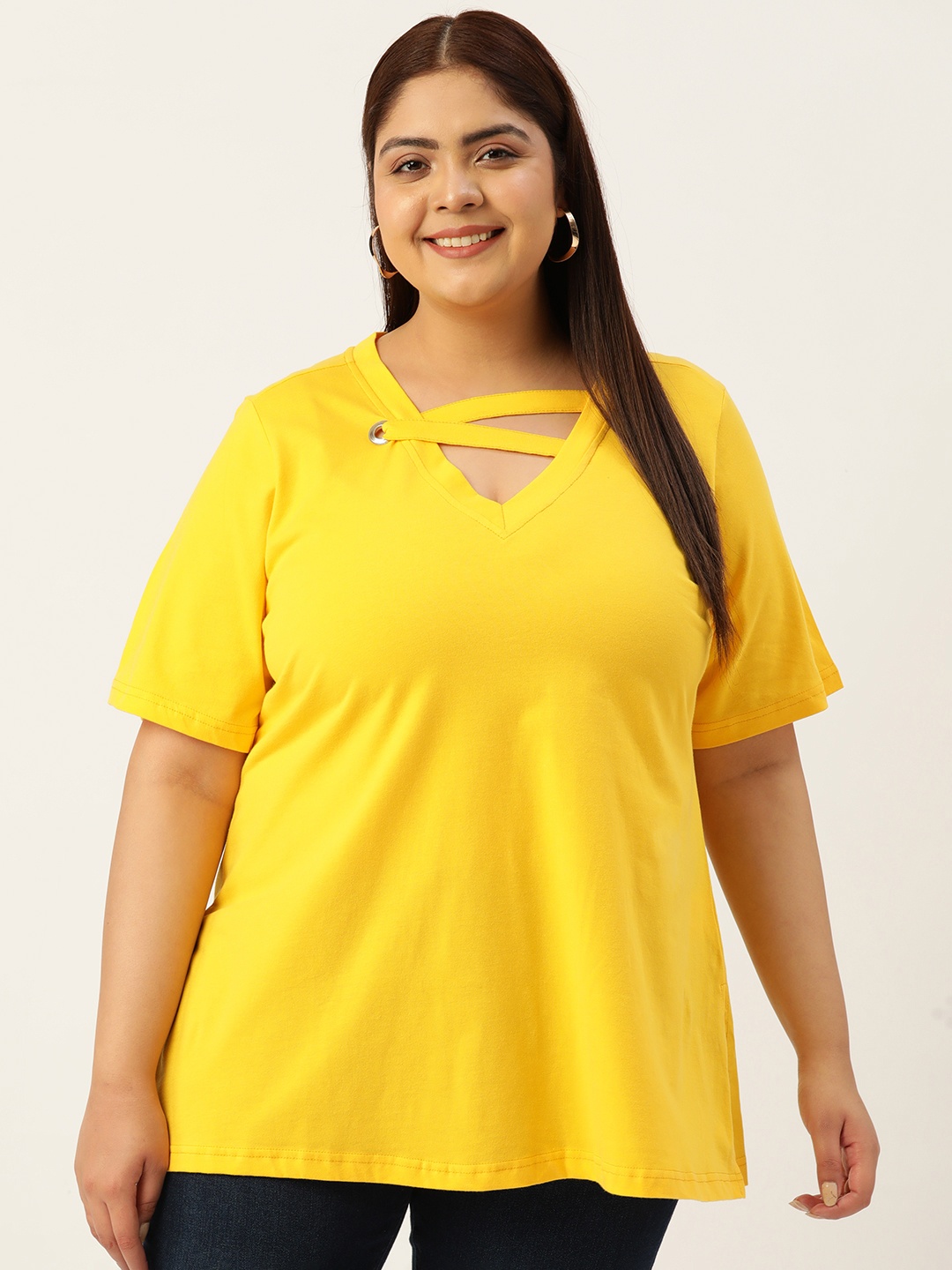 

theRebelinme Solid Plus Size Cotton V-Neck T-shirt, Mustard