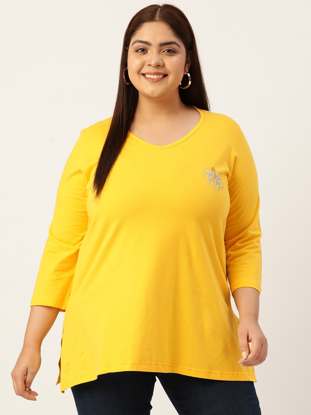 

theRebelinme Solid Plus Size Cotton V-Neck T-shirt, Yellow