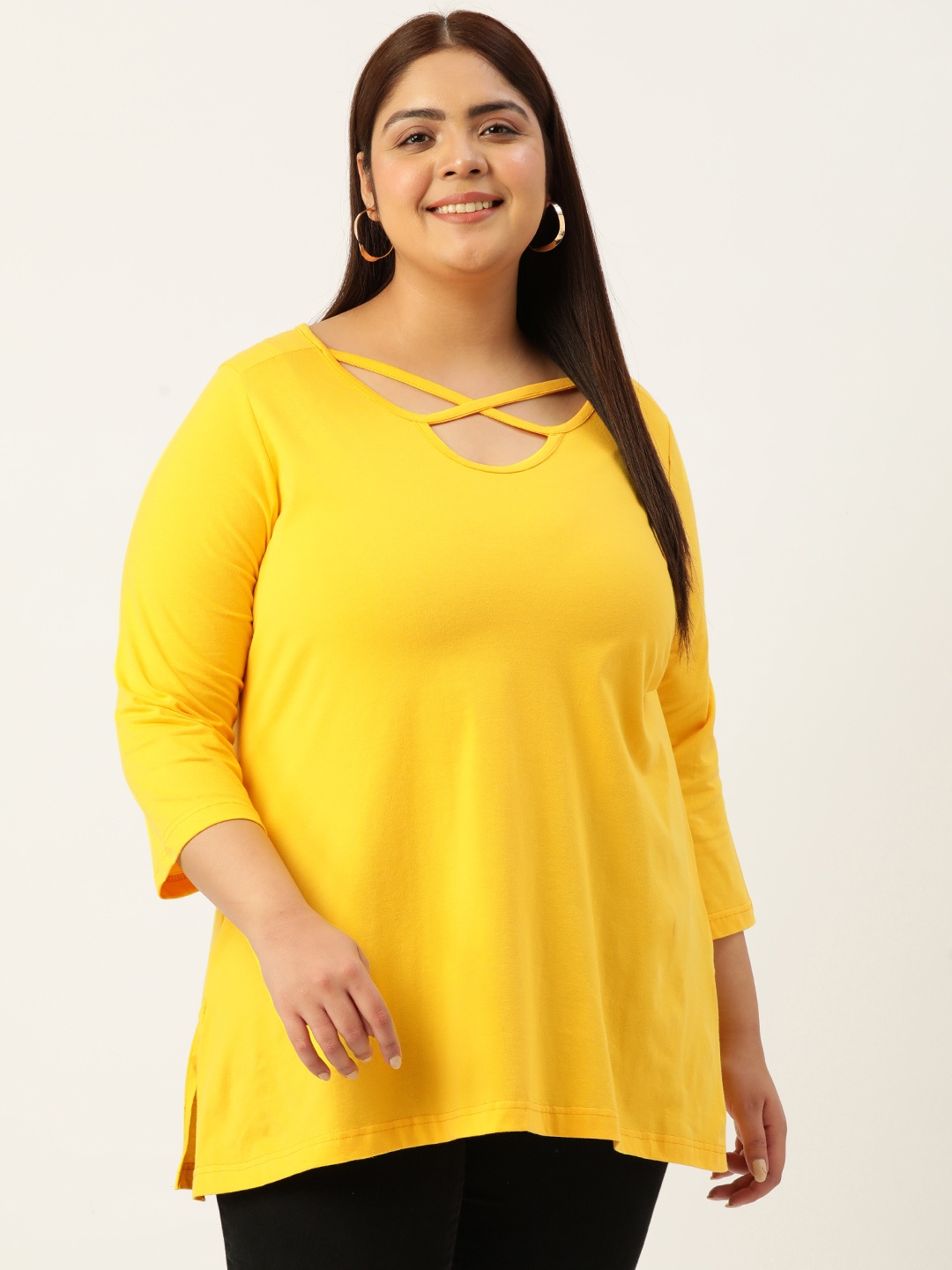 

theRebelinme Plus Size Solid Cotton Longline Top, Yellow