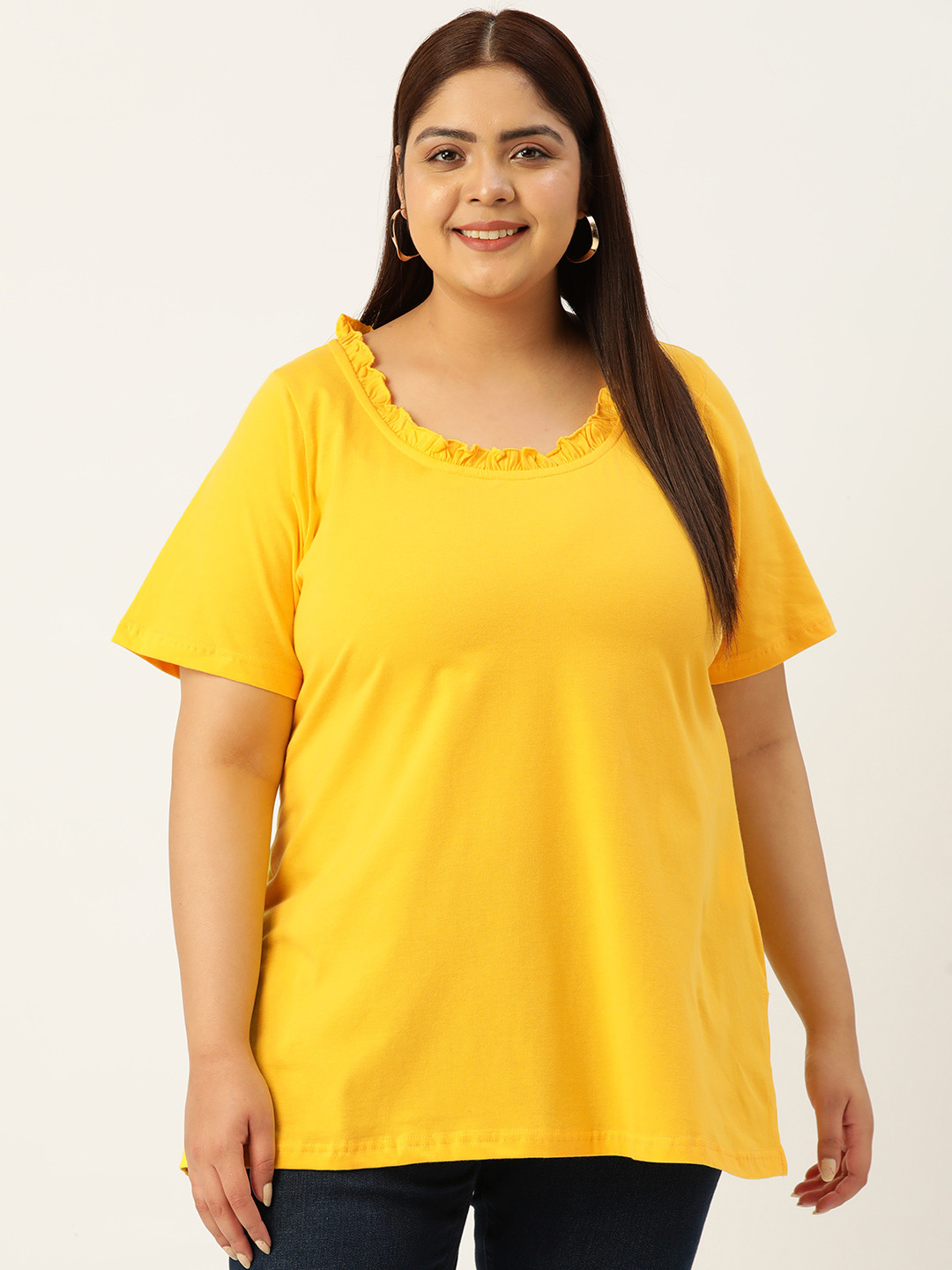 

theRebelinme Plus Size Solid Cotton T-shirt, Yellow
