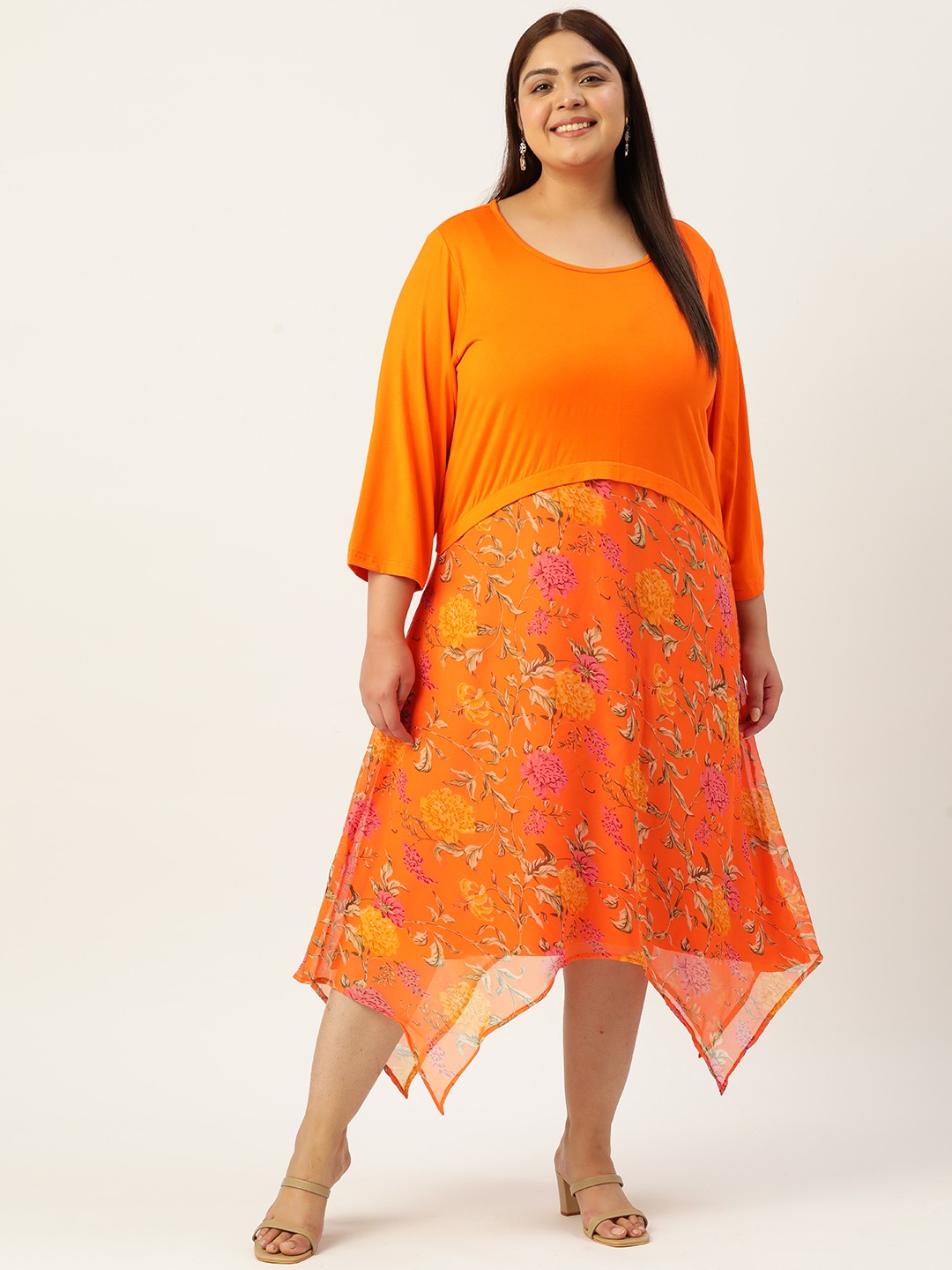 

theRebelinme Floral Print Layered A-Line Midi Dress, Orange