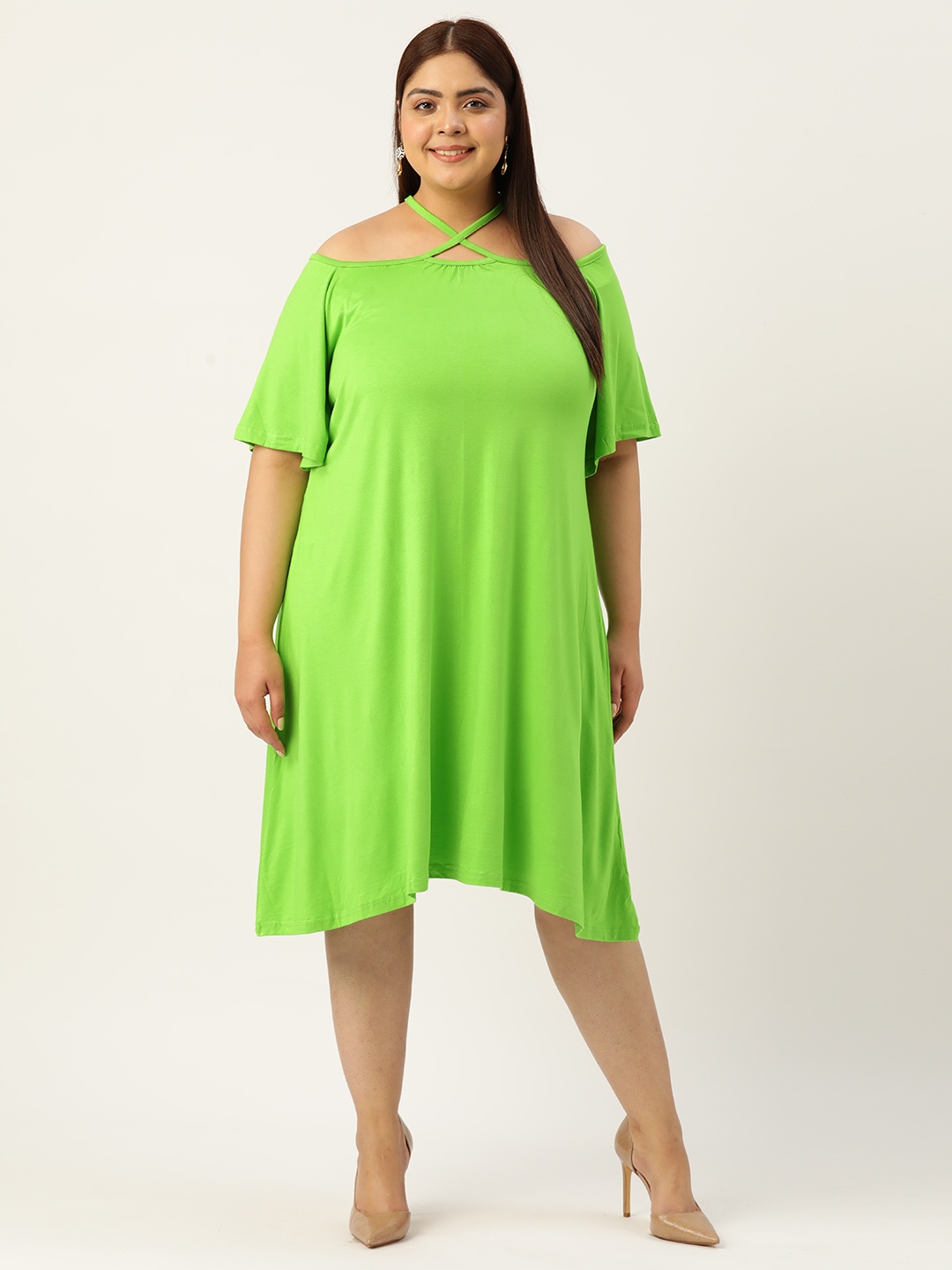 

theRebelinme Choker Neck Flared Sleeve Cotton A-Line Midi Dress, Green