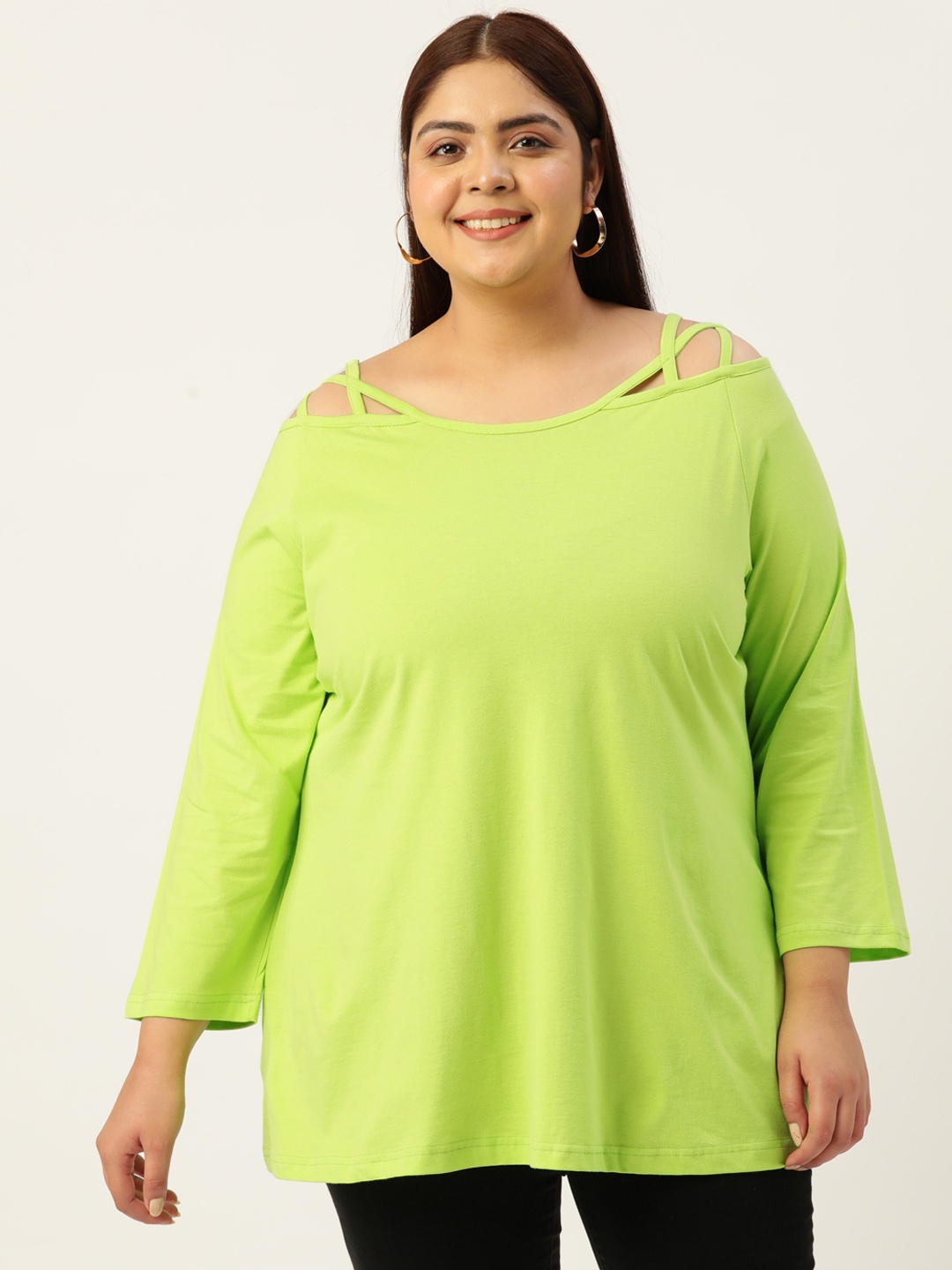 

theRebelinme Plus Size Off-Shoulder Solid Cotton Longline Top, Green