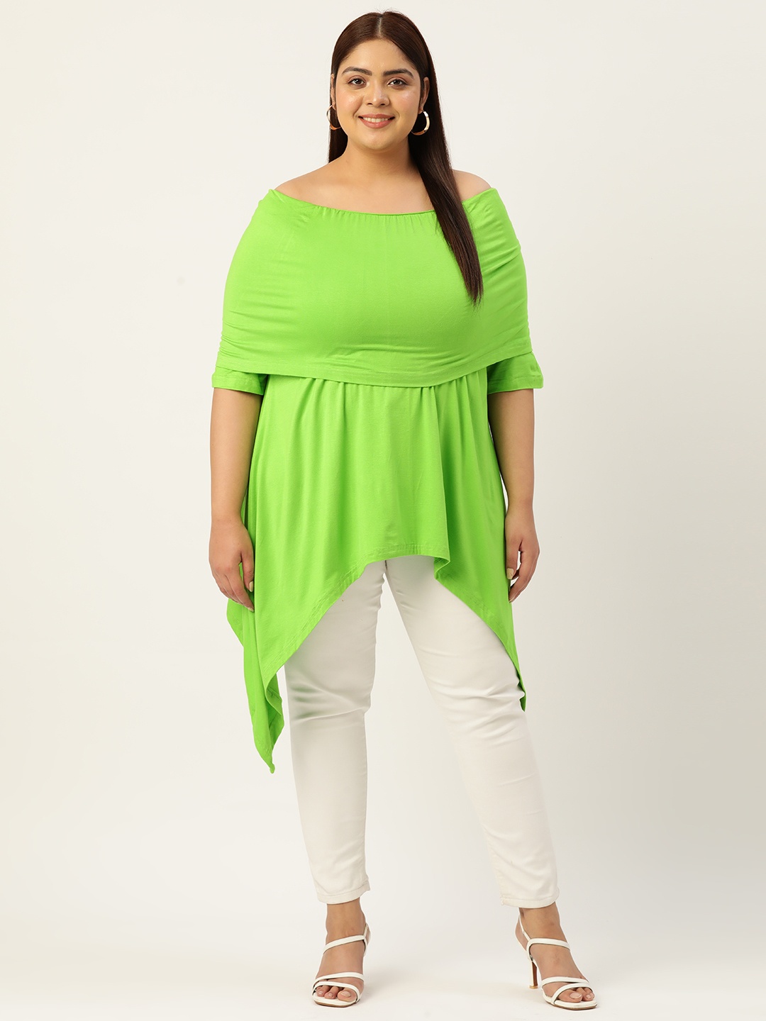 

theRebelinme Plus Size Off-Shoulder Solid Layered Longline Top, Green