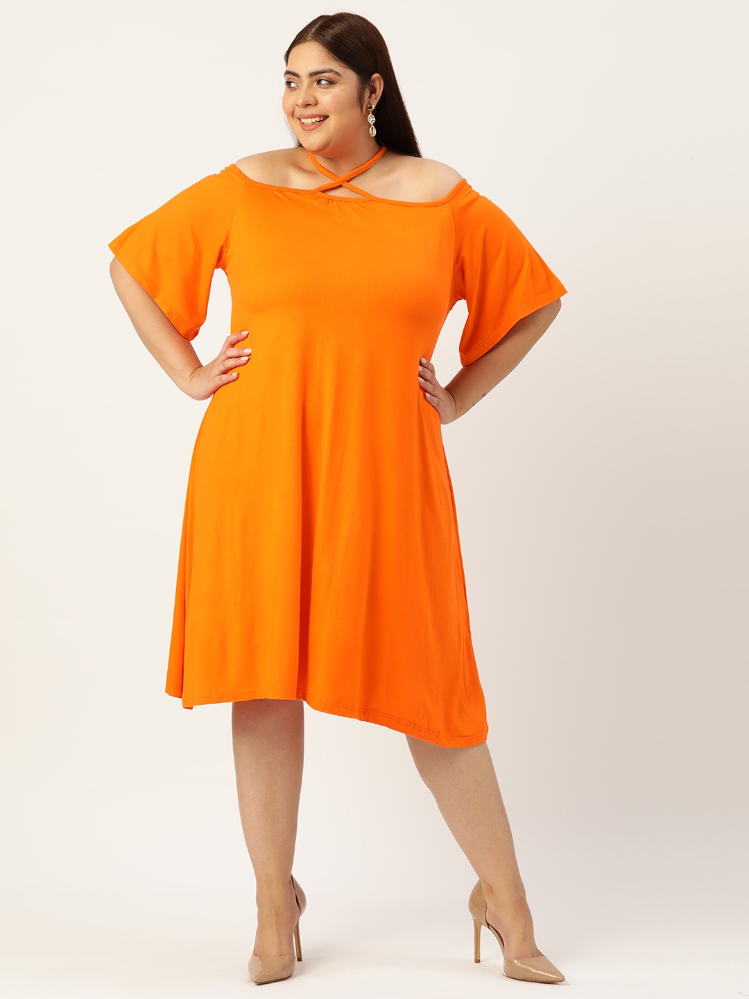 

theRebelinme Choker Neck Flared Sleeve A-Line Cotton Midi Dress, Orange
