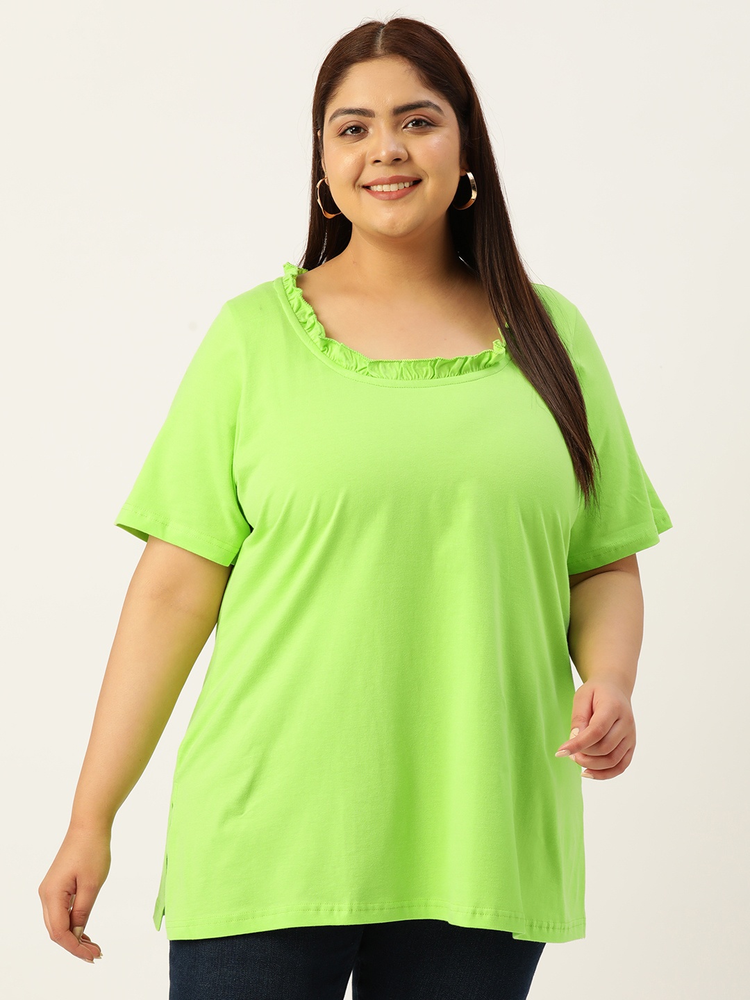 

theRebelinme Plus Size Solid Cotton T-shirt, Green