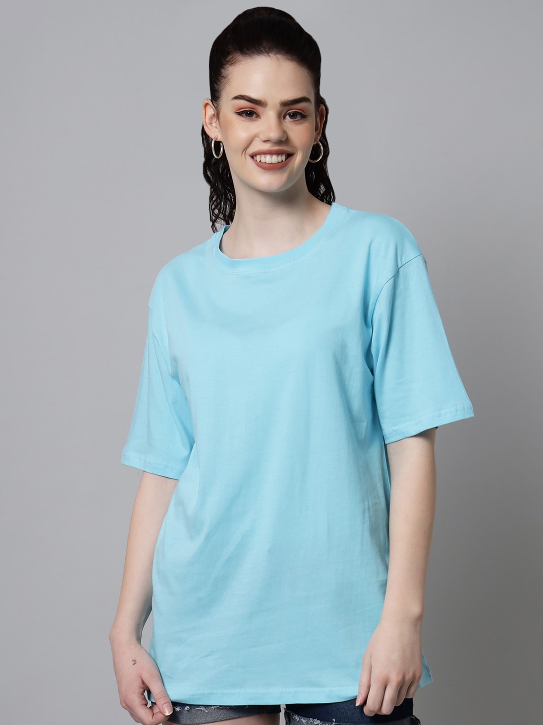 

Funday Fashion Drop-Shoulder Sleeves Pure Cotton Loose T-shirt, Blue